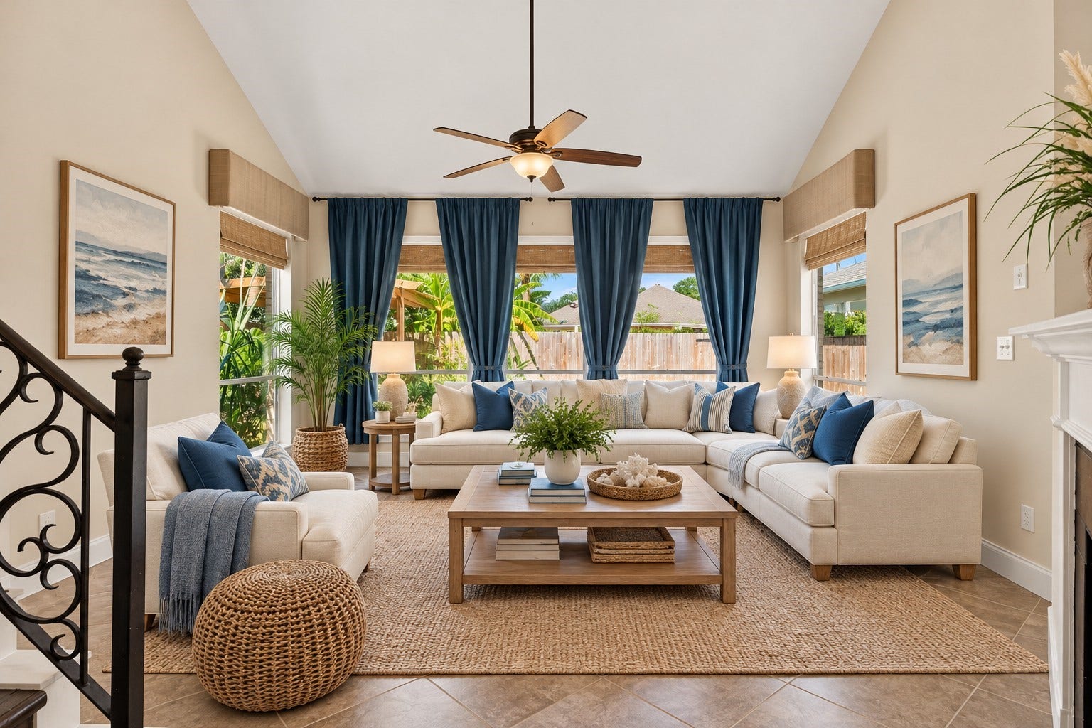 201 Lago Vista Street, League City, TX 77565 Experience the elegance of soaring high ceilings in the living room, seamlessly connecting to a lush backyard view, enhanced by virtual staging.