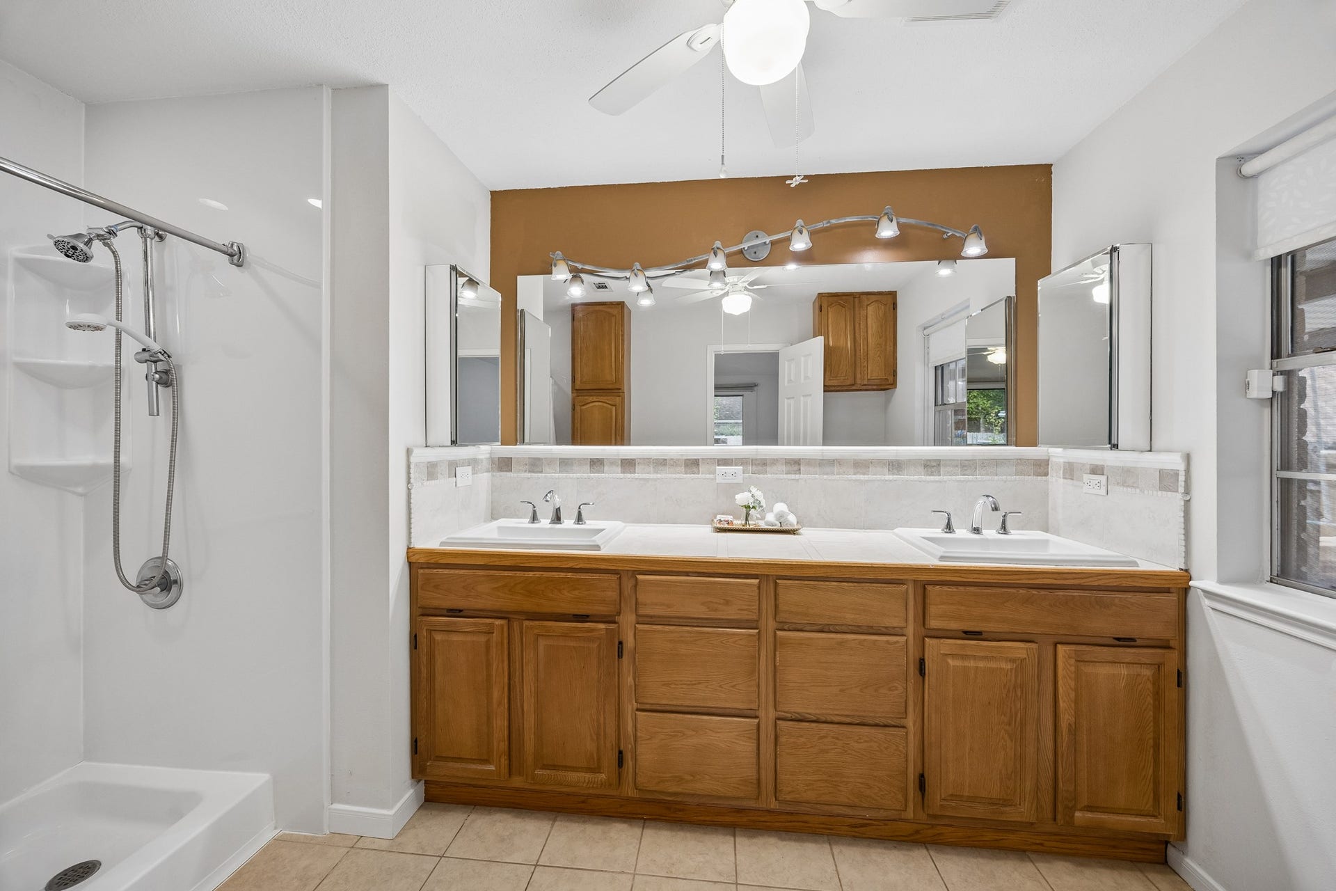 2716 Village Mills Drive, Pearland, TX 77584 Primary Bath, Dual sinks and shower.