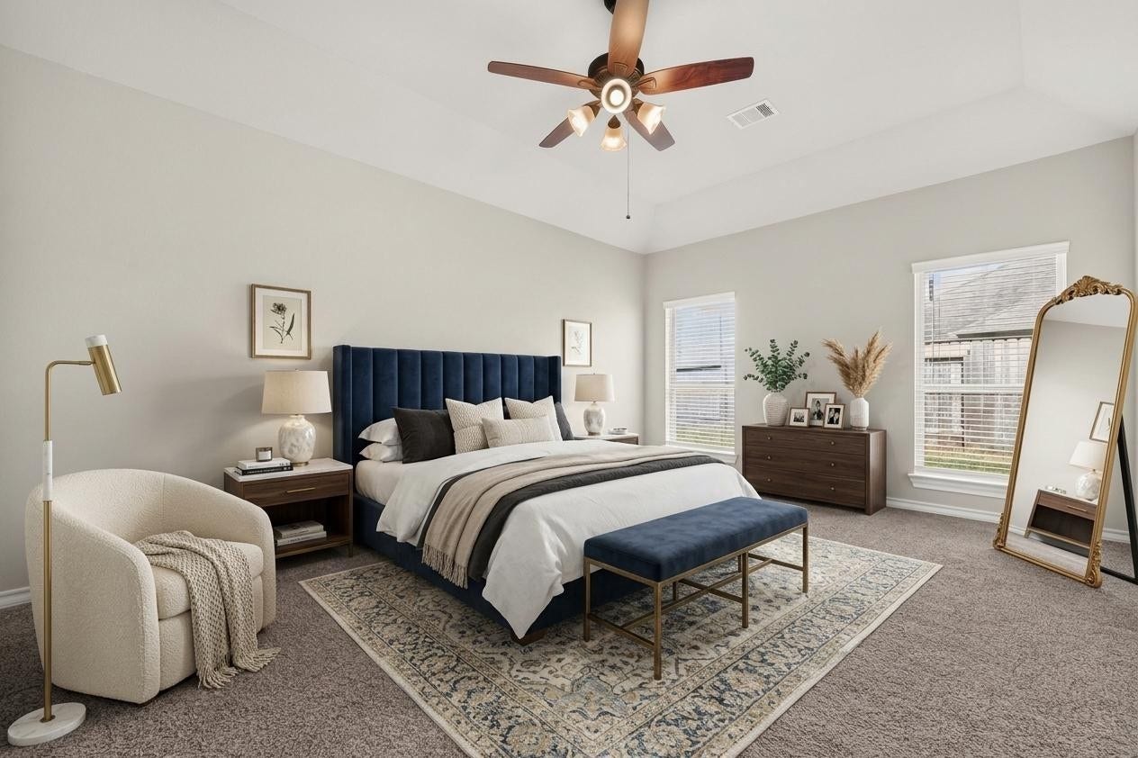 3658 Diamond Creek Drive, Missouri City, TX 77459 Virtually staged. Spacious primary bedroom with high ceiling, ceiling fan, and natural light. Generous proportions allow for multiple furniture arrangements.