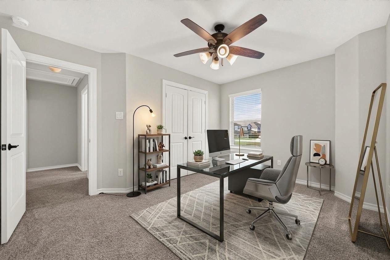 3658 Diamond Creek Drive, Missouri City, TX 77459 Virtually staged. Secondary bedroom with natural light and flexible furniture space. Neutral carpeting and walls make the room easy to personalize.
