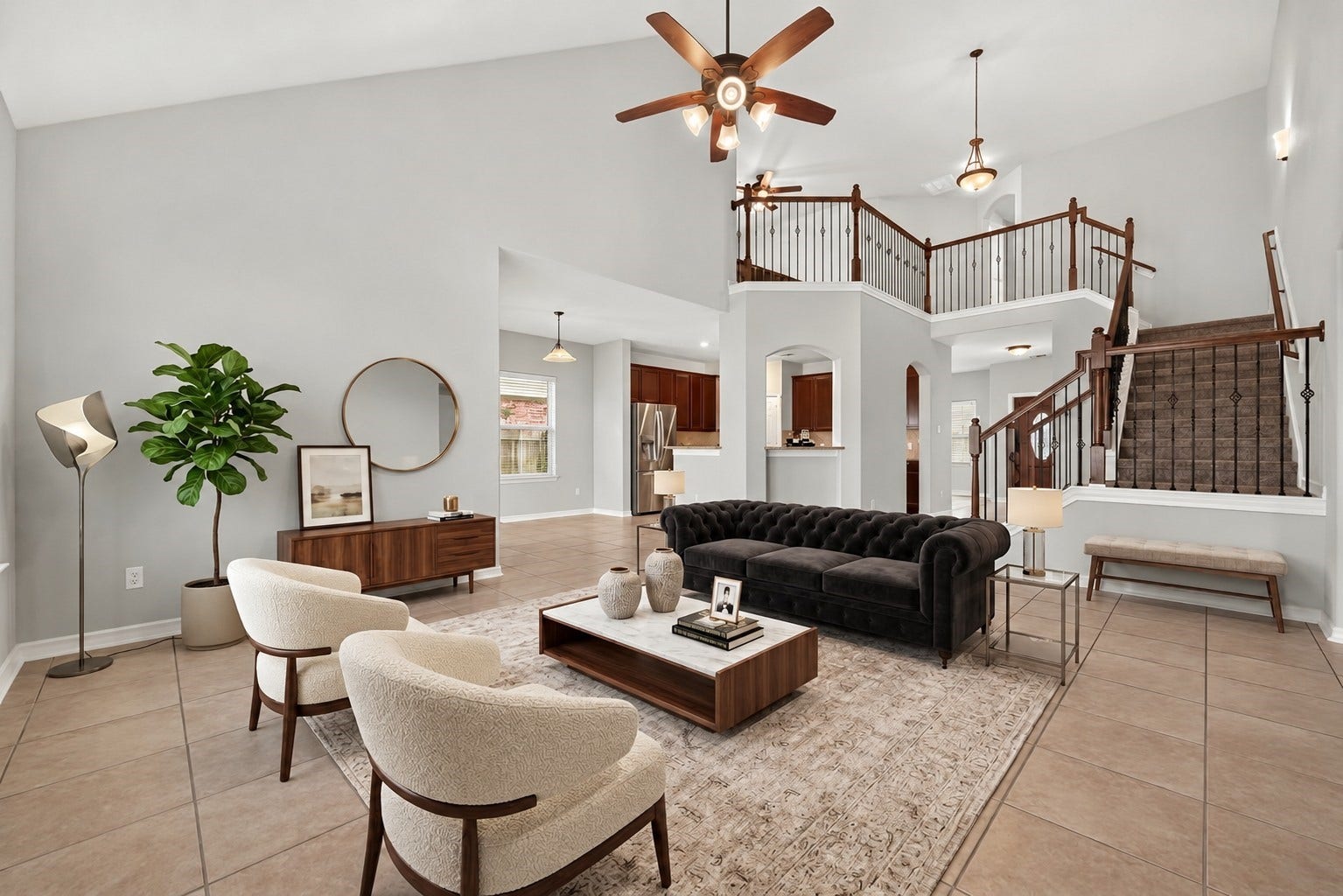 3658 Diamond Creek Drive, Missouri City, TX 77459 Virtually staged. Spacious main living area with high ceilings and an open connection to the surrounding living spaces. Designed for comfortable everyday living and entertaining.