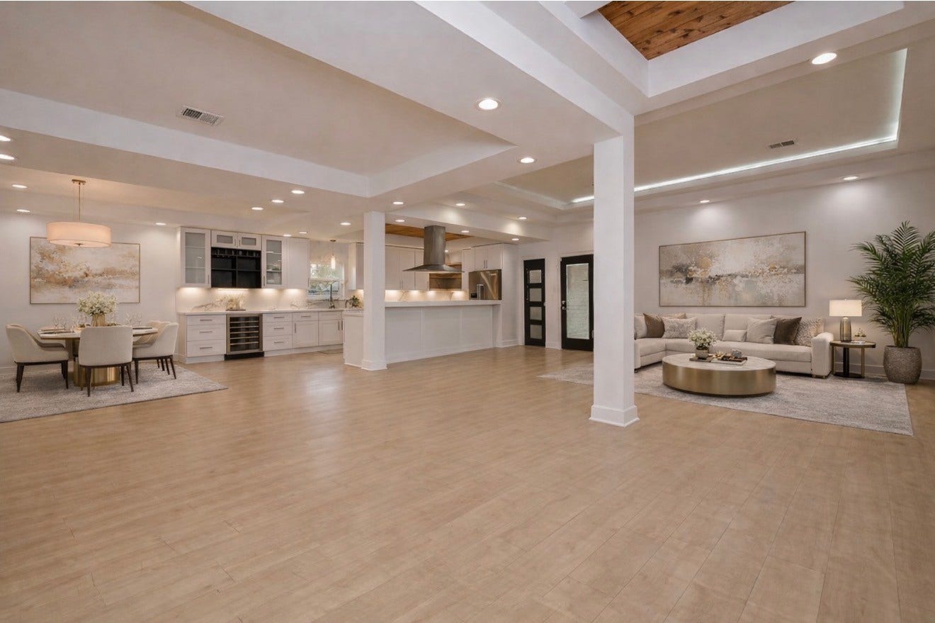 10603 Riverview Drive, Houston, TX 77042 Open concept, living area. This images have been virtually staged to illustrate the propertys furnishing and design potential. Furniture and decor shown are for illustrative purposes only.