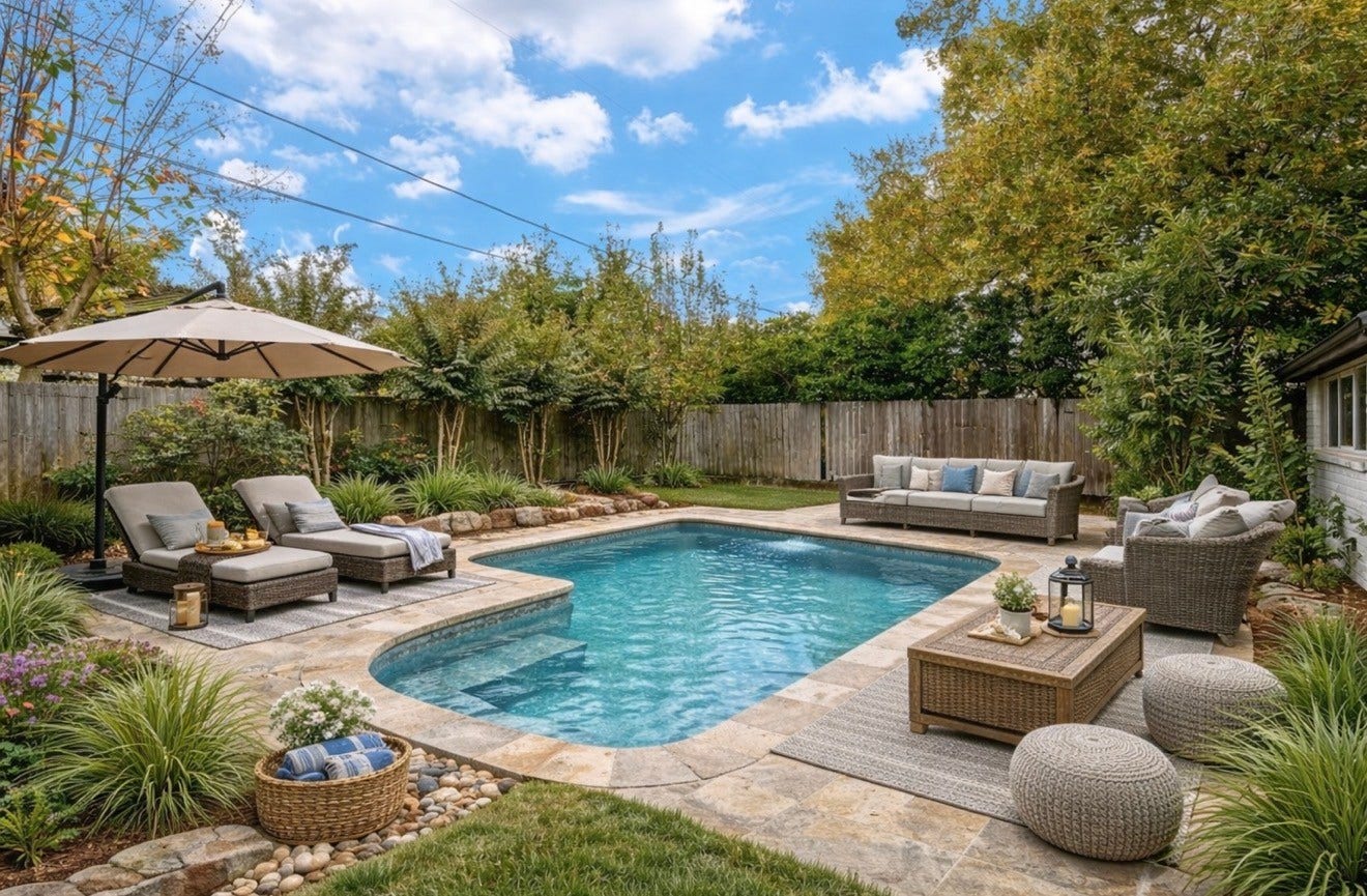10603 Riverview Drive, Houston, TX 77042 This backyard is virtually stage with a swimming pool. This images have been virtually staged to illustrate the propertys furnishing and design potential. Furniture and decor shown are for illustrative purposes only.
