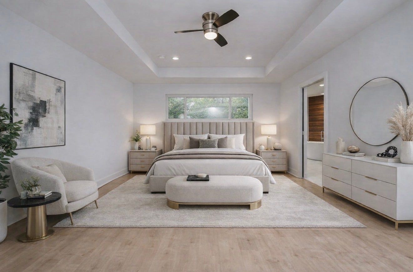 10603 Riverview Drive, Houston, TX 77042 This photo is virtually staged of the primary bedroom. This images have been virtually staged to illustrate the propertys furnishing and design potential. Furniture and decor shown are for illustrative purposes only.