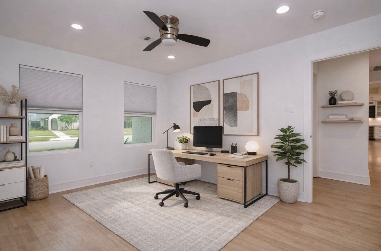 10603 Riverview Drive, Houston, TX 77042 Secondary bedroom staged as a beautiful in home office. This images have been virtually staged to illustrate the propertys furnishing and design potential. Furniture and decor shown are for illustrative purposes only.