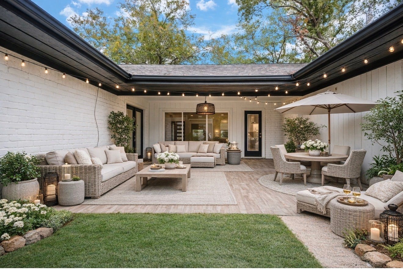 10603 Riverview Drive, Houston, TX 77042 This beautiful back patio has lots of potential. Great place to relax and unwind after a long day. This images have been virtually staged to illustrate the propertys furnishing and design potential. Furniture and decor shown are for illustrative purposes only.