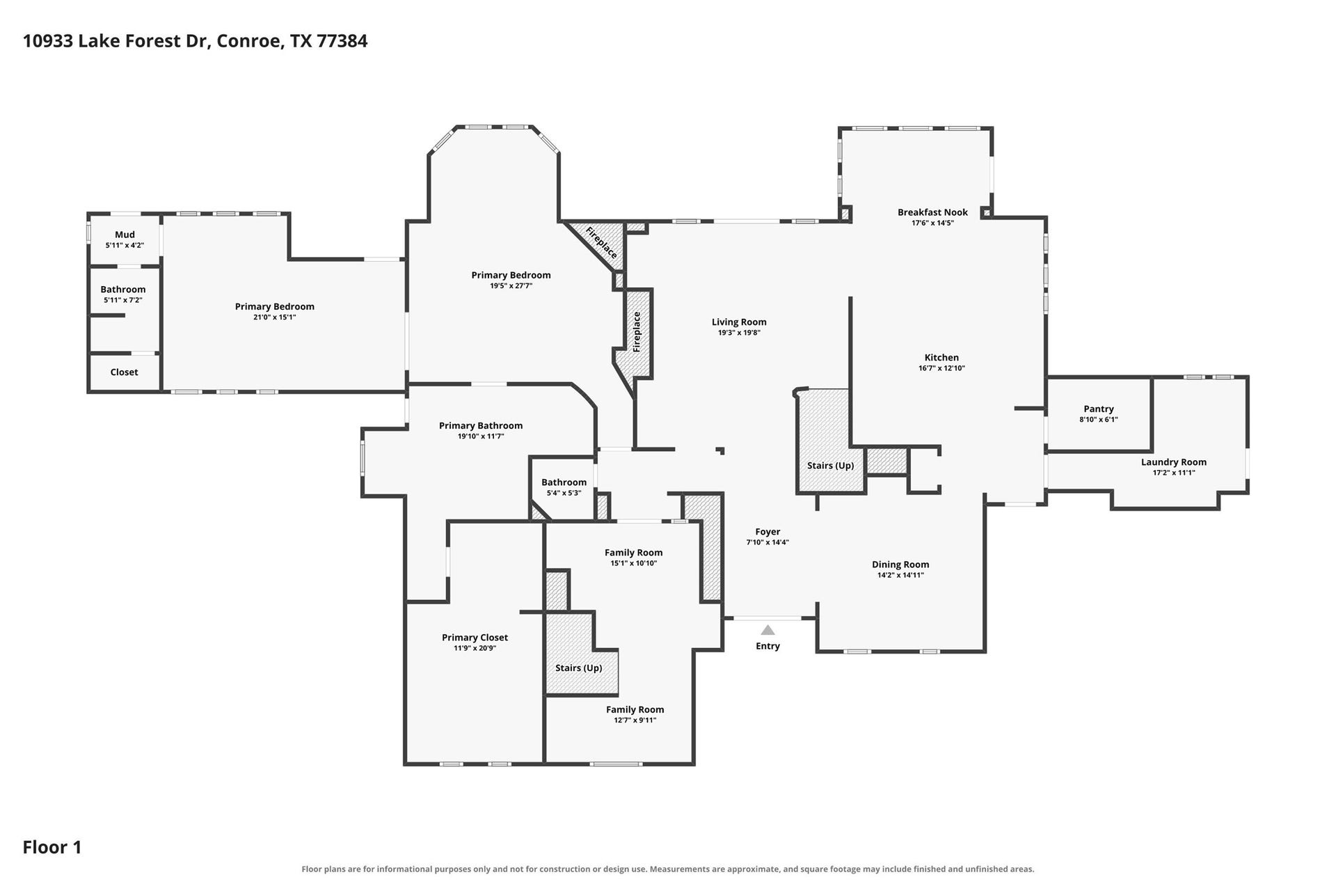 Spacious floor plan of first floor with approx. dimensions.
