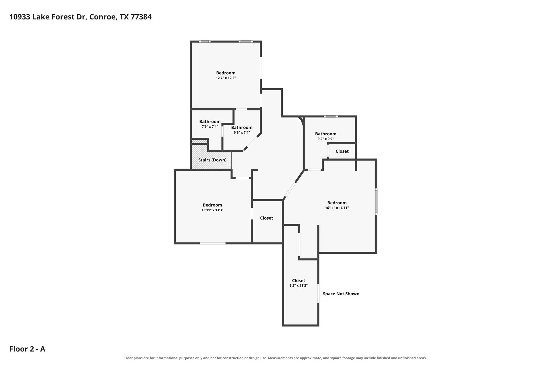 Spacious floor plan of second floor with approx. dimensions.