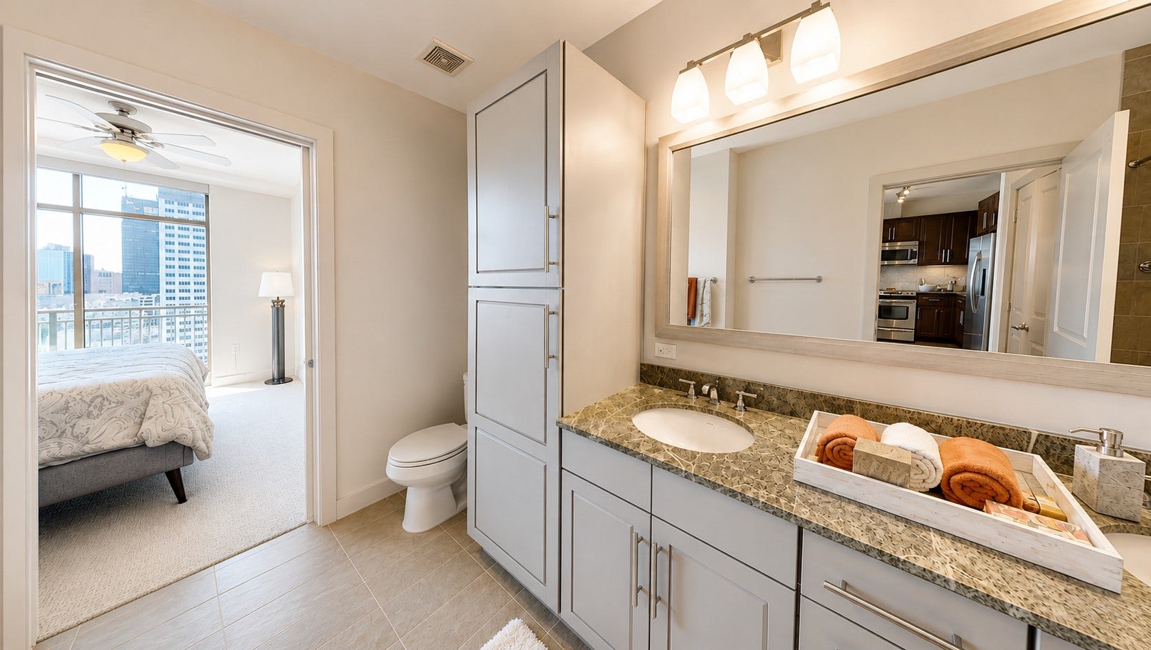 1400 McKinney Street, #2306, Houston, TX 77010 Everything in the primary suite feels comfortably connected, with the ensuite bath just steps from the bedroom while still maintaining a sense of privacy.