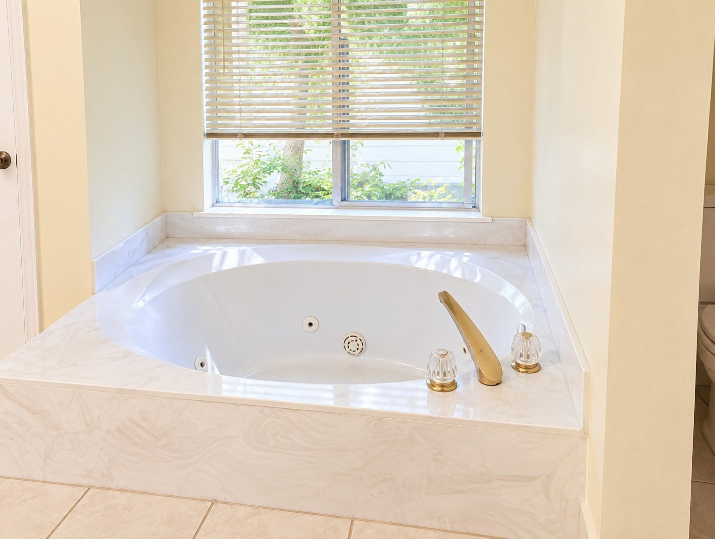 Relaxing jetted tub surrounded by natural light.