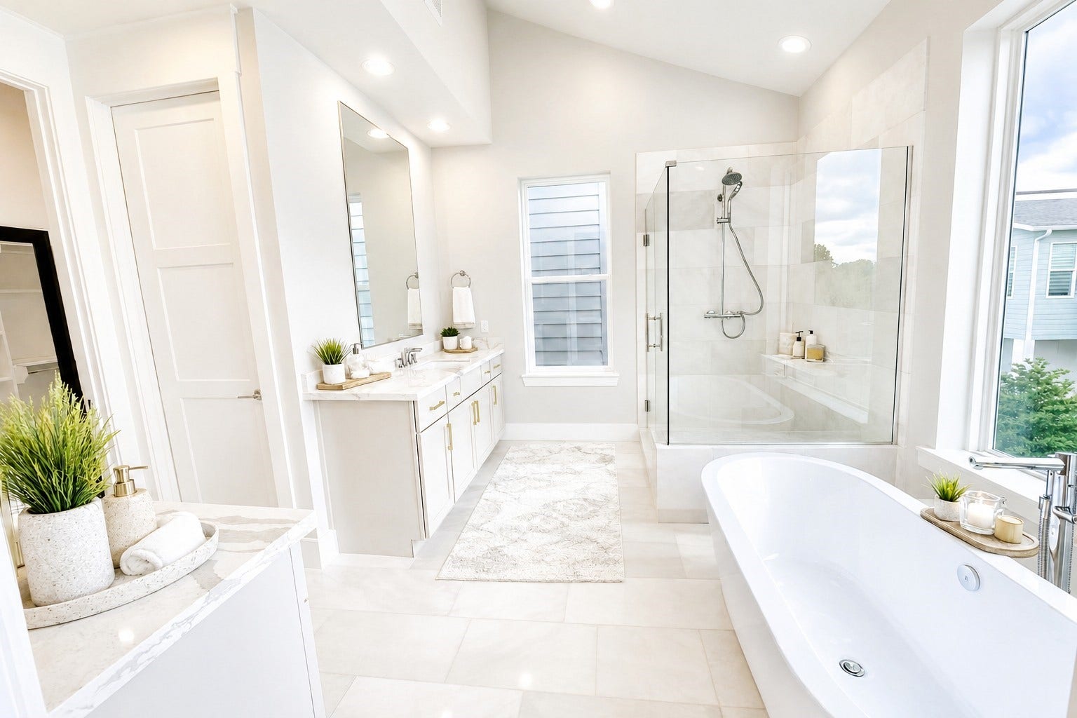 9803 Hope Harbor Lane, Houston, TX 77080 Gorgeous, Well Designed Primary Bathroom - Separate Wall Vanities - Free Standing Tub - Frameless Shower (Picture was virtually enhanced/staged)