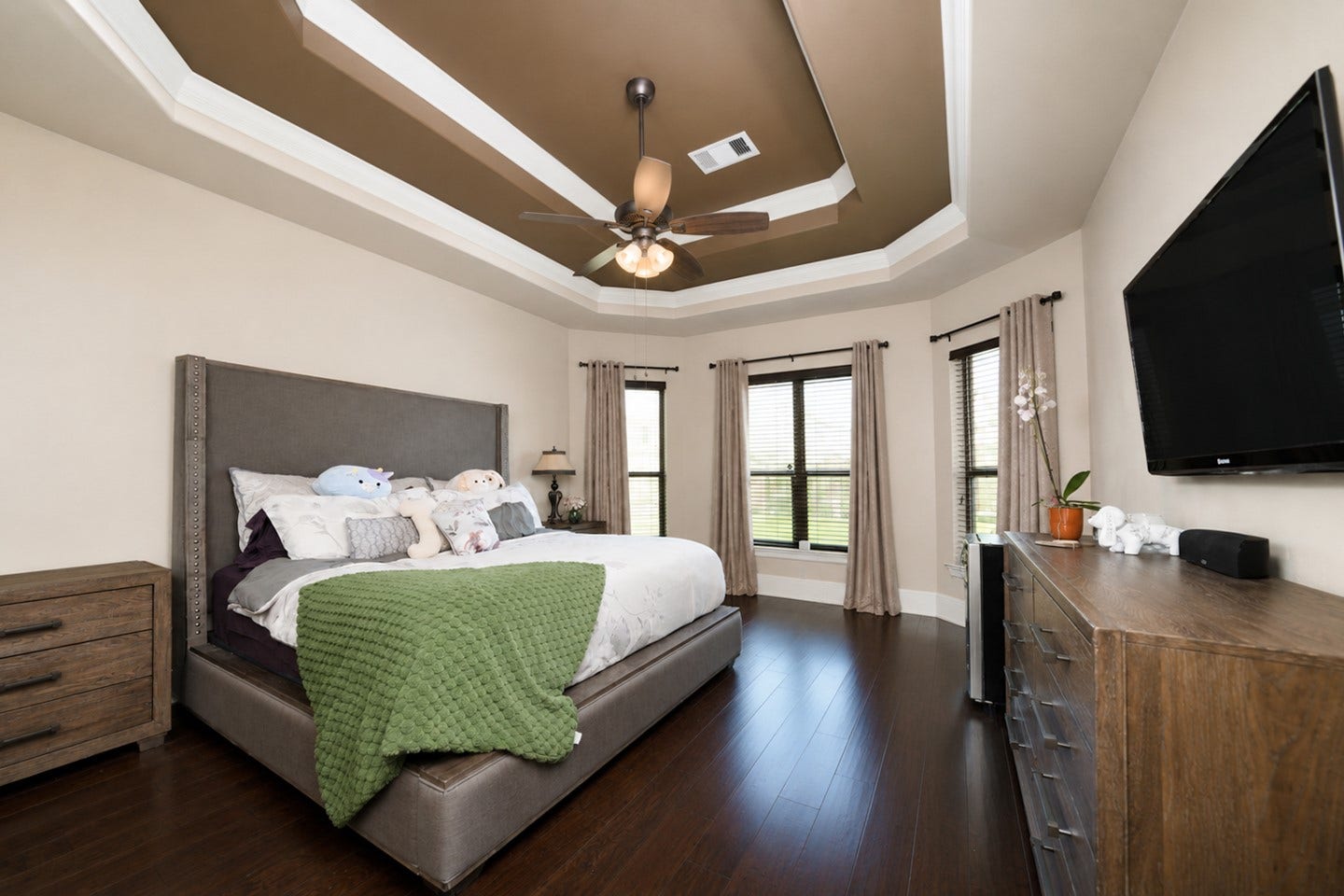 6323 Orange Blossom Lane, Rosenberg, TX 77471 Spacious primary bedroom with elegant tray ceiling and ceiling fan, featuring hardwood floors and ample natural light from large windows.