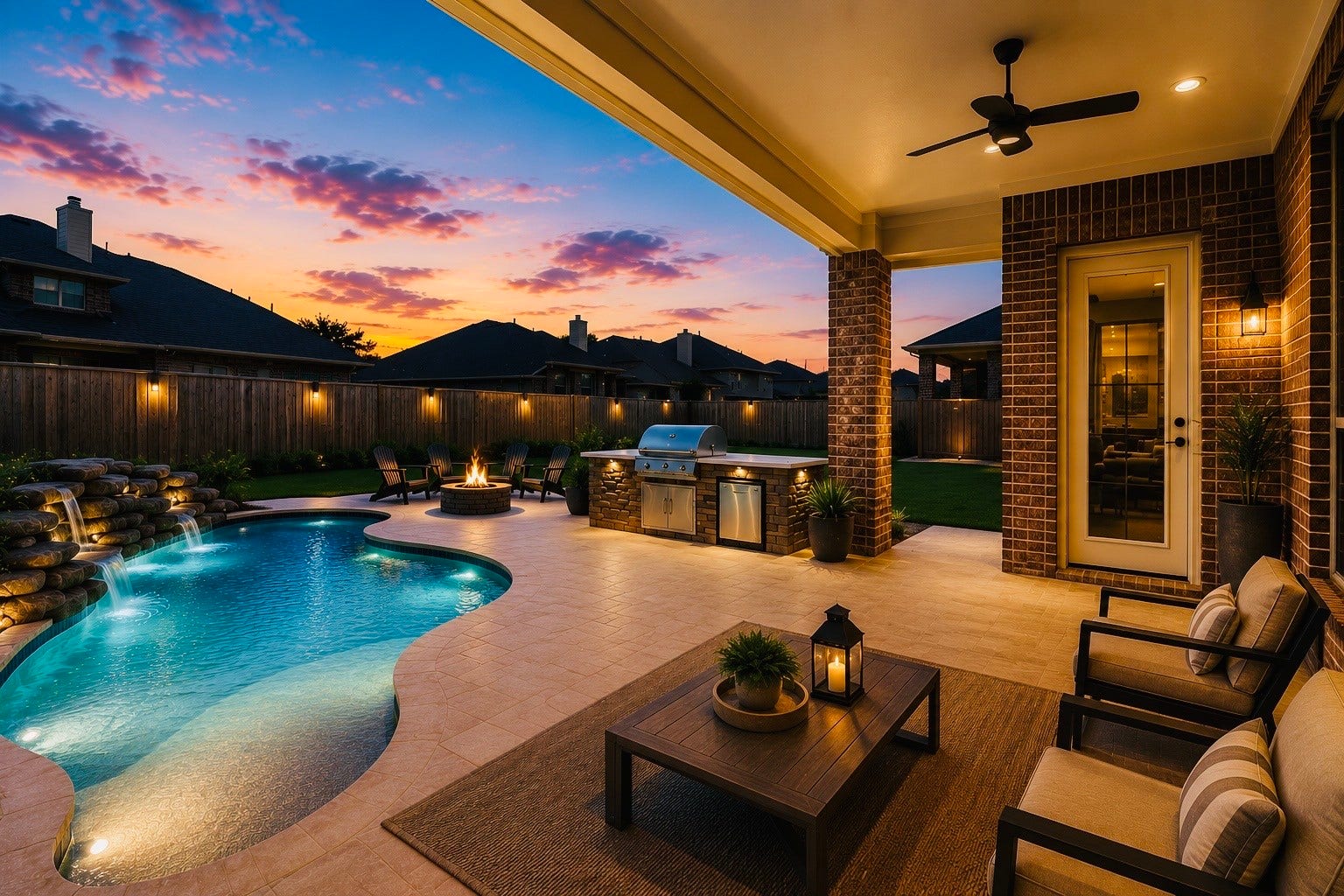 6323 Orange Blossom Lane, Rosenberg, TX 77471 virtual stage of the endless possibility of designs of your private pool with a fire pit in the backyard