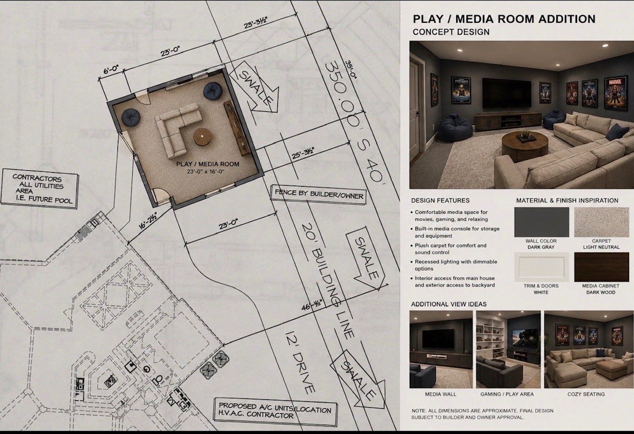 27303 E Benders Landing Boulevard, Spring, TX 77386 Potential Expansion Opportunity. Conceptual plans prepared by the original owner, illustrating a possible Play/Media Room addition on the right side of the house. Plans were provided to the current sellers and are available for review. Any future expansion would require purchaser due diligence, detailed architectural plans, HOA Architectural Review Committee approval, permits and all applicable governmental approvals.