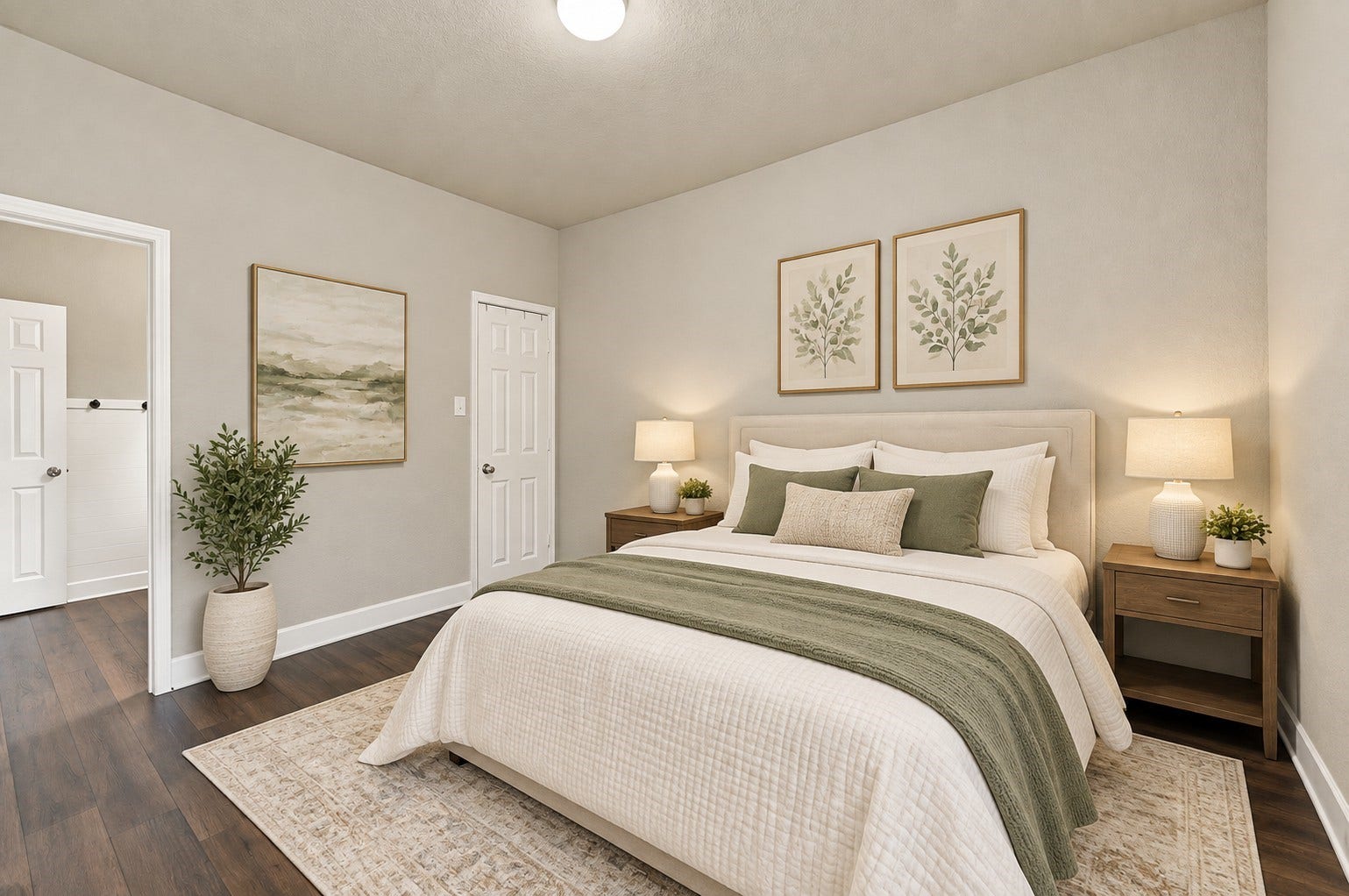 Secondary Bedroom: Virtually staged downstairs bedroom with warm wood-look flooring, neutral finishes, and ample space for a full bedroom suite.
