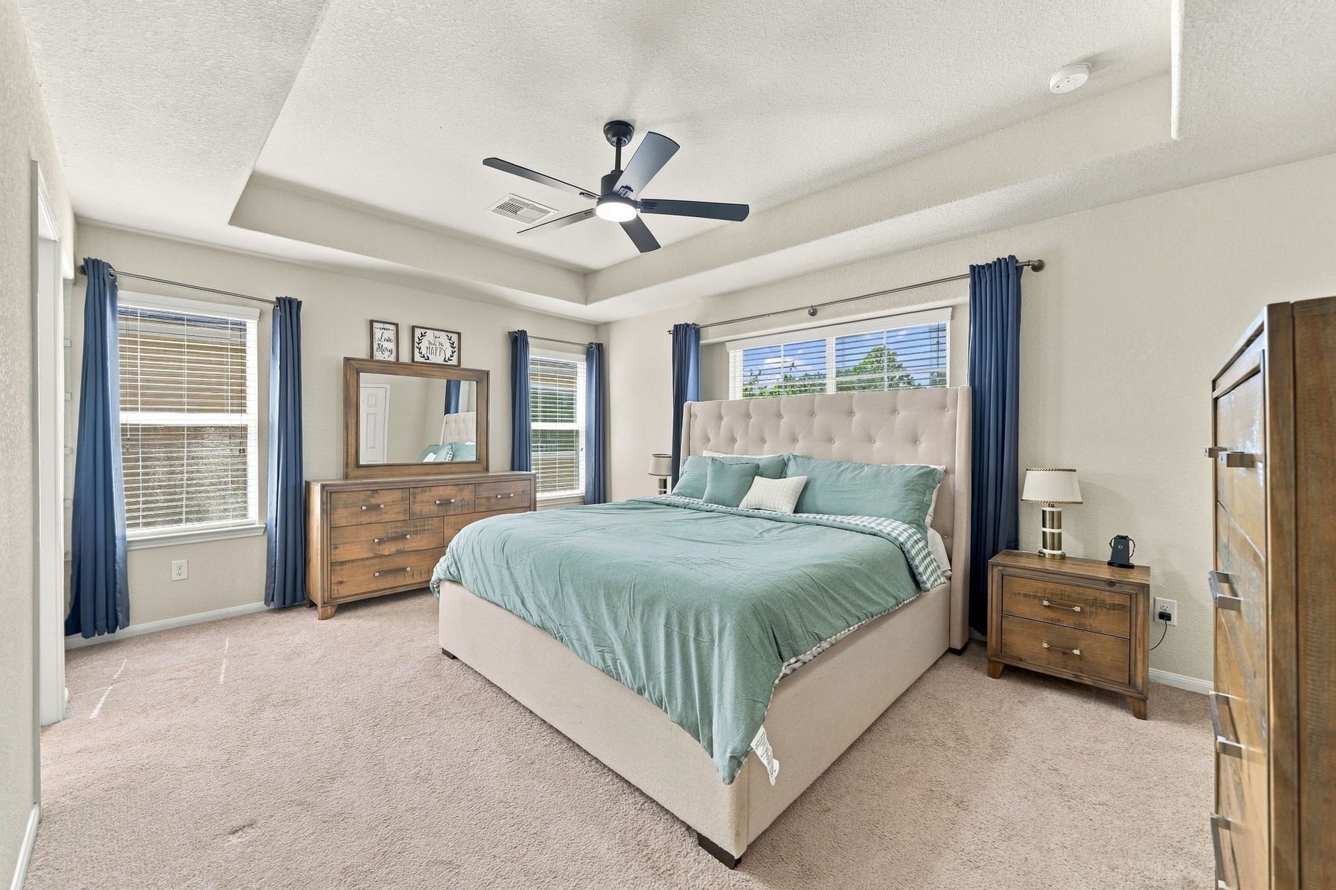 Primary Bedroom: Spacious primary retreat showcases a tray ceiling, multiple windows and abundant natural light.