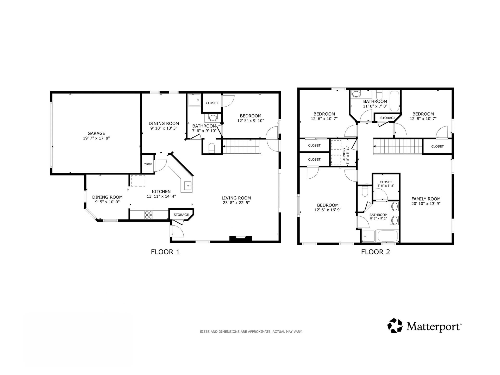 Floor Plan: Detailed two-story floor plan showcasing a spacious main-level living and dining layout, multiple bedrooms, upstairs family room, generous storage, and attached garage. Room dimensions shown are approximate.