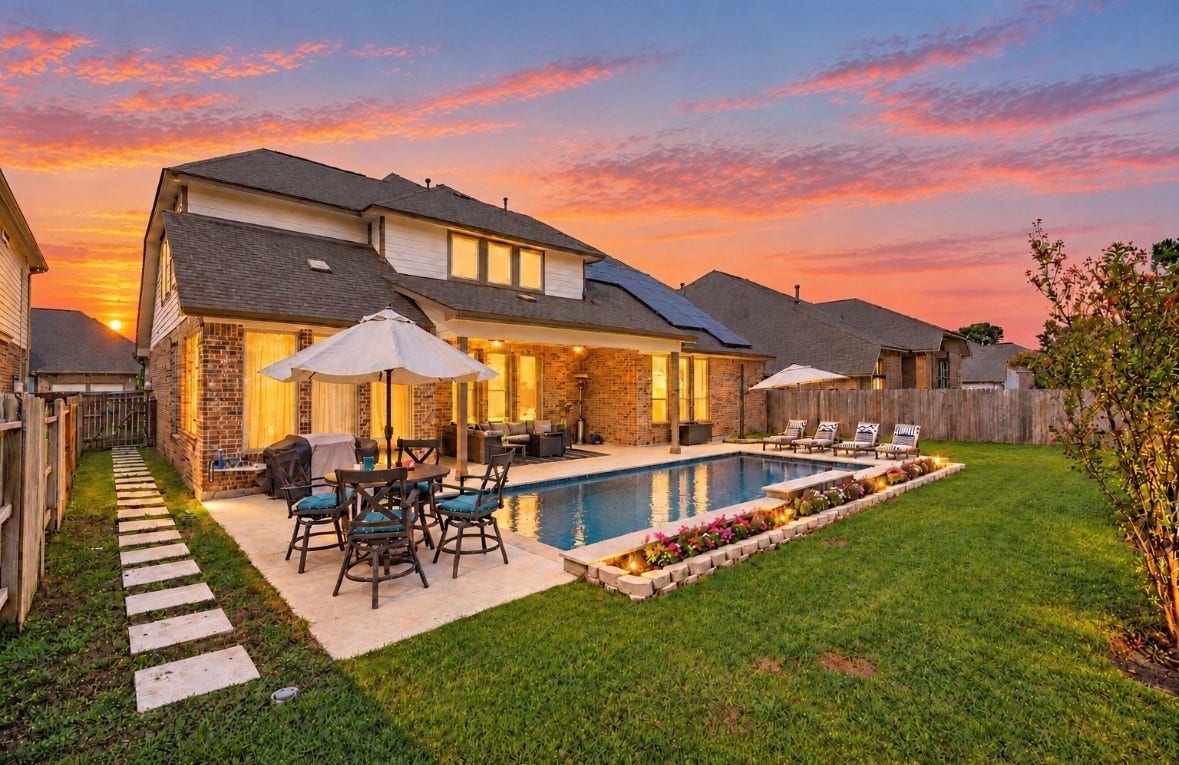 AI enhanced evening view. Imagine evenings by the pool grilling your favorites, and entertaining in your own backyard retreat.   Pool specs: 14 'x 32' Gunite pool 3.5' deep x 5.5' deep and there are no neighbors or buildings behind the lot.