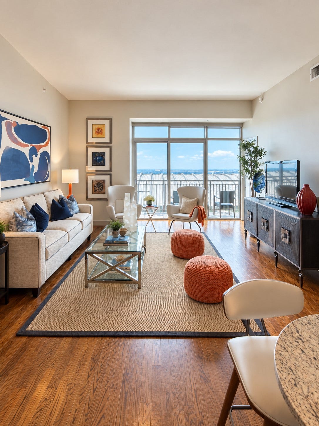1400 McKinney Street, #1303, Houston, TX 77010 Imagine coming home, opening the balcony doors and letting the city become the backdrop to your evening. This living room feels bright and inviting during the day and incredibly cozy once the city lights come on.