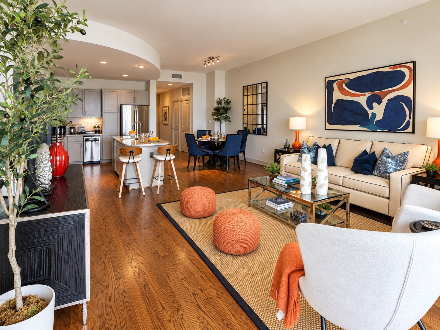 1400 McKinney Street, #1303, Houston, TX 77010 Whether youre hosting friends for the weekend or enjoying a quiet night at home, this space adapts beautifully. Warm hardwood floors and an open connection to the kitchen and dining area make the entire residence feel inviting.