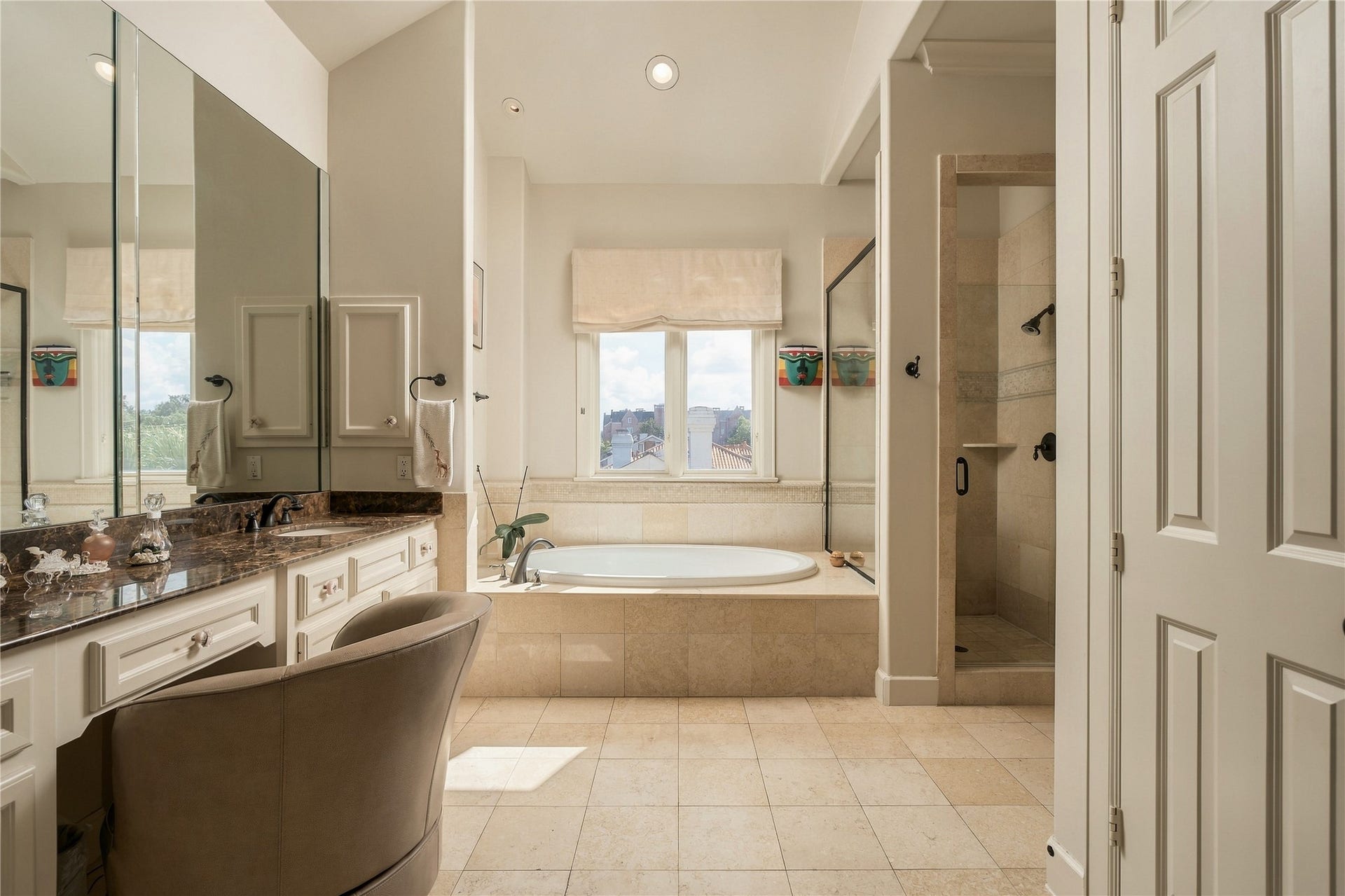 523 Lovett Boulevard, Houston, TX 77006 A wider view captures the scale of the primary bath and its separation of vanity, bathing and shower spaces.