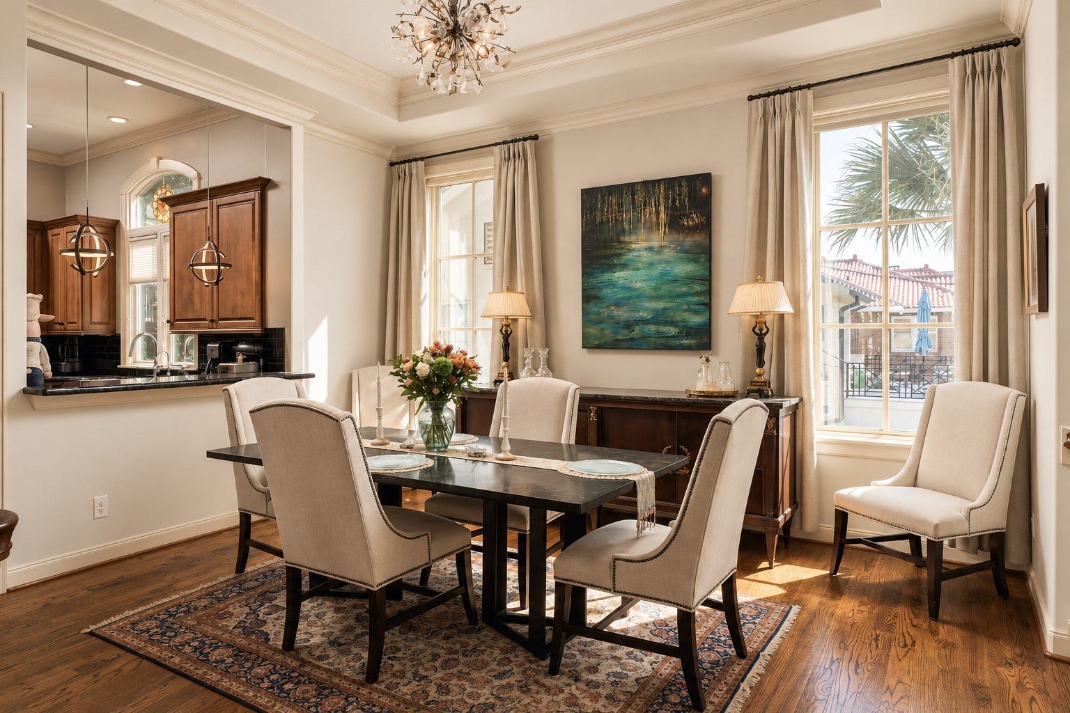 523 Lovett Boulevard, Houston, TX 77006 Set between the living room and kitchen, the dining room feels made for the part of the night when dinner runs long and no one is quite ready to leave the table. **Rendering of neutral wall color**