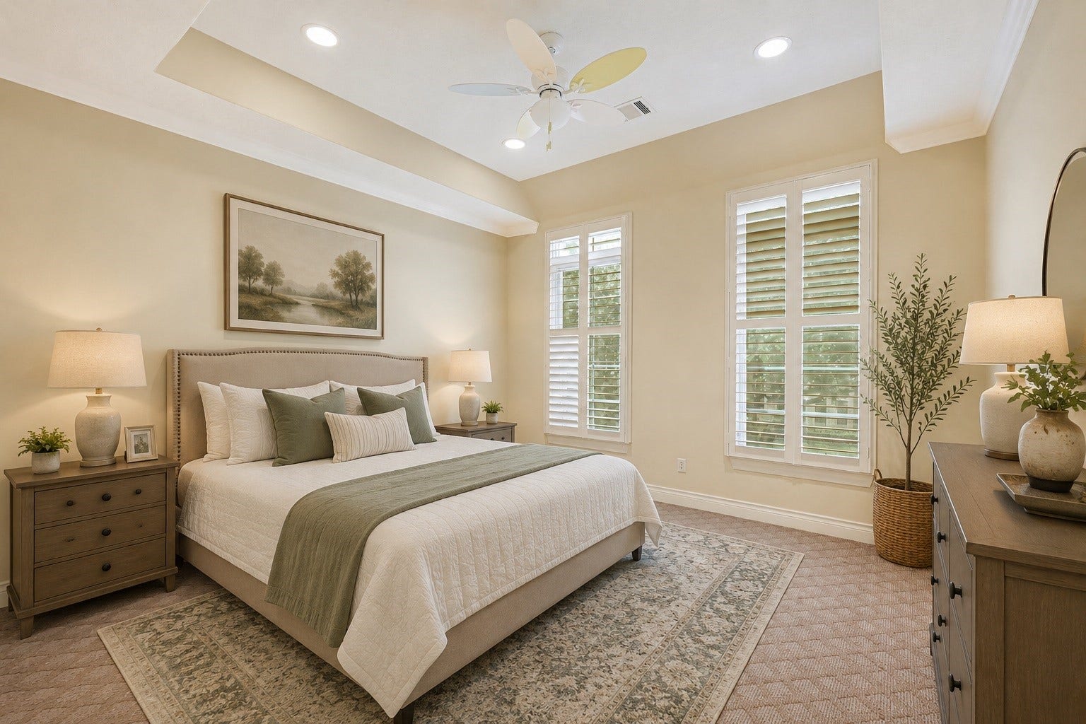 3 Waterford Pointe Circle, Sugar Land, TX 77479 Charming bedroom featuring a tray ceiling and ample natural light from large windows.
