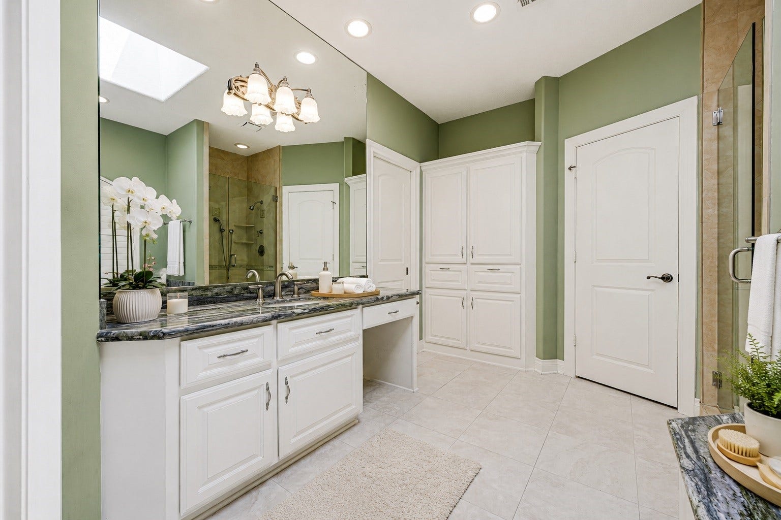 3 Waterford Pointe Circle, Sugar Land, TX 77479 Elegant bathroom featuring a spacious vanity with granite countertops, ample cabinet storage, and a luxurious walk-in shower, all accented by soothing green walls.