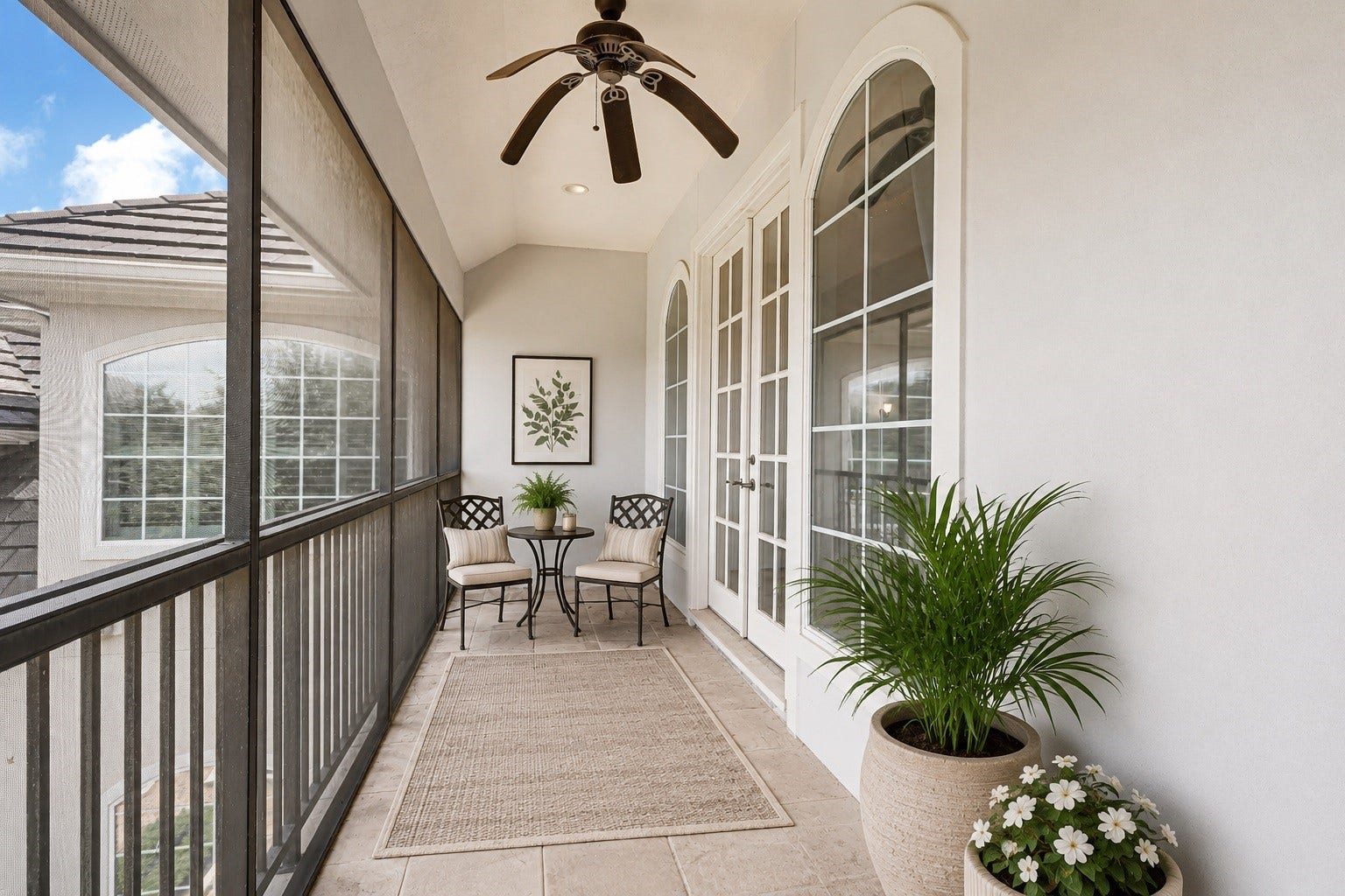 3 Waterford Pointe Circle, Sugar Land, TX 77479 Elegant screened-in balcony with stylish seating, lush potted plants, and double French doors, perfect for relaxing and enjoying the view.