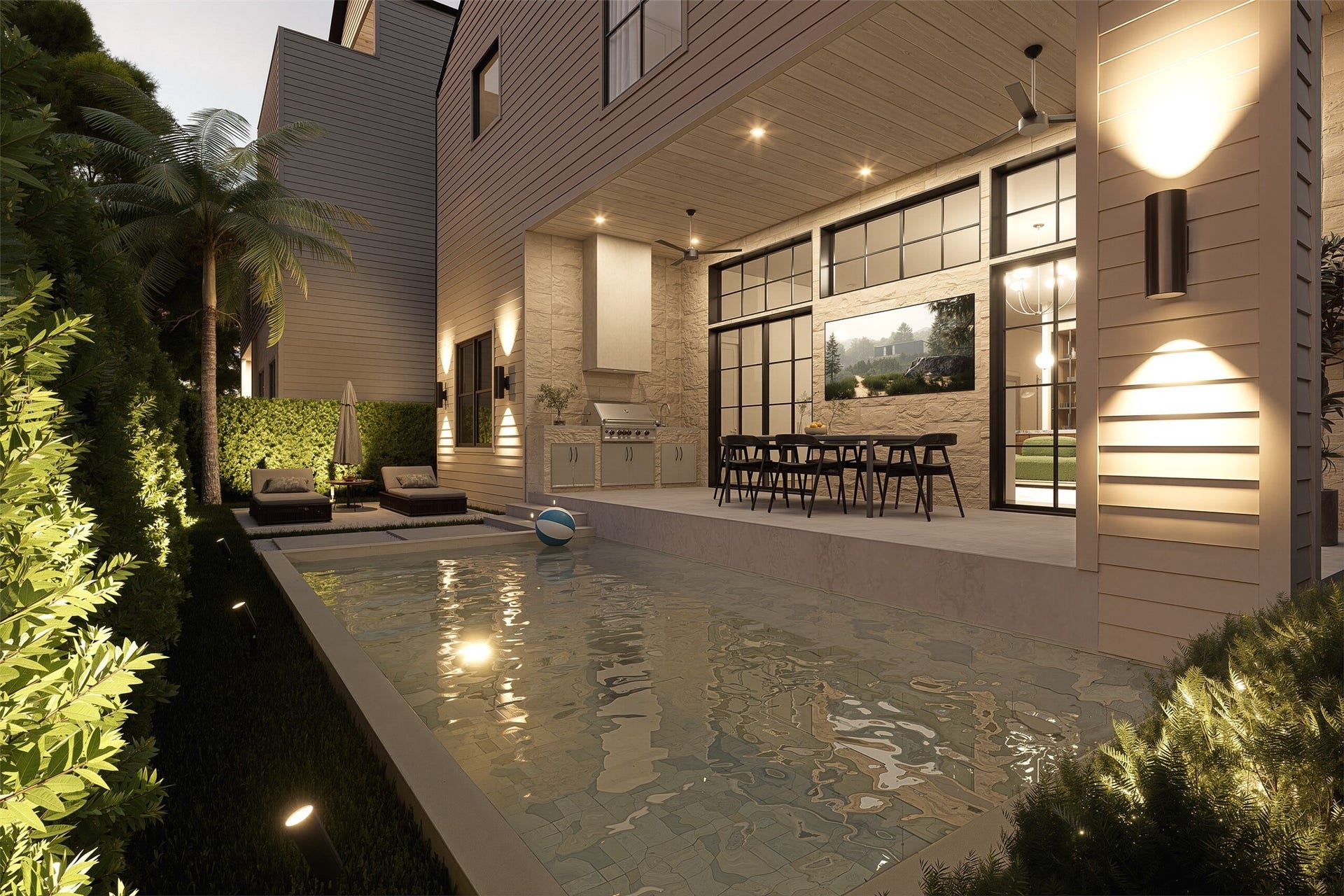 1109 Voight Street, Houston, TX 77009 *RENDERED IMAGE* An expansive swimming area extends alongside the covered patio, creating a seamless relationship between outdoor entertaining and poolside relaxation.