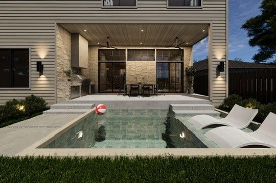 1109 Voight Street, Houston, TX 77009 *RENDERED IMAGE* Envision the backyard reimagined. A contemporary pool, submerged lounge chairs, and clean architectural lines complement the existing covered patio, illustrating the potential for a sophisticated outdoor living experience tailored to the home's design.