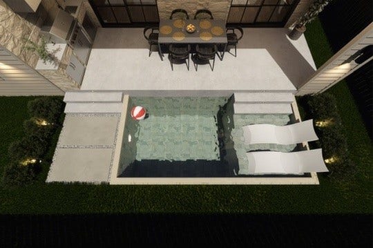 1109 Voight Street, Houston, TX 77009 *RENDERED IMAGE* The possibilities, viewed from above. A conceptual pool design demonstrates how this backyard could evolve into a private outdoor retreat, balancing entertaining space, relaxation, and architectural continuity.