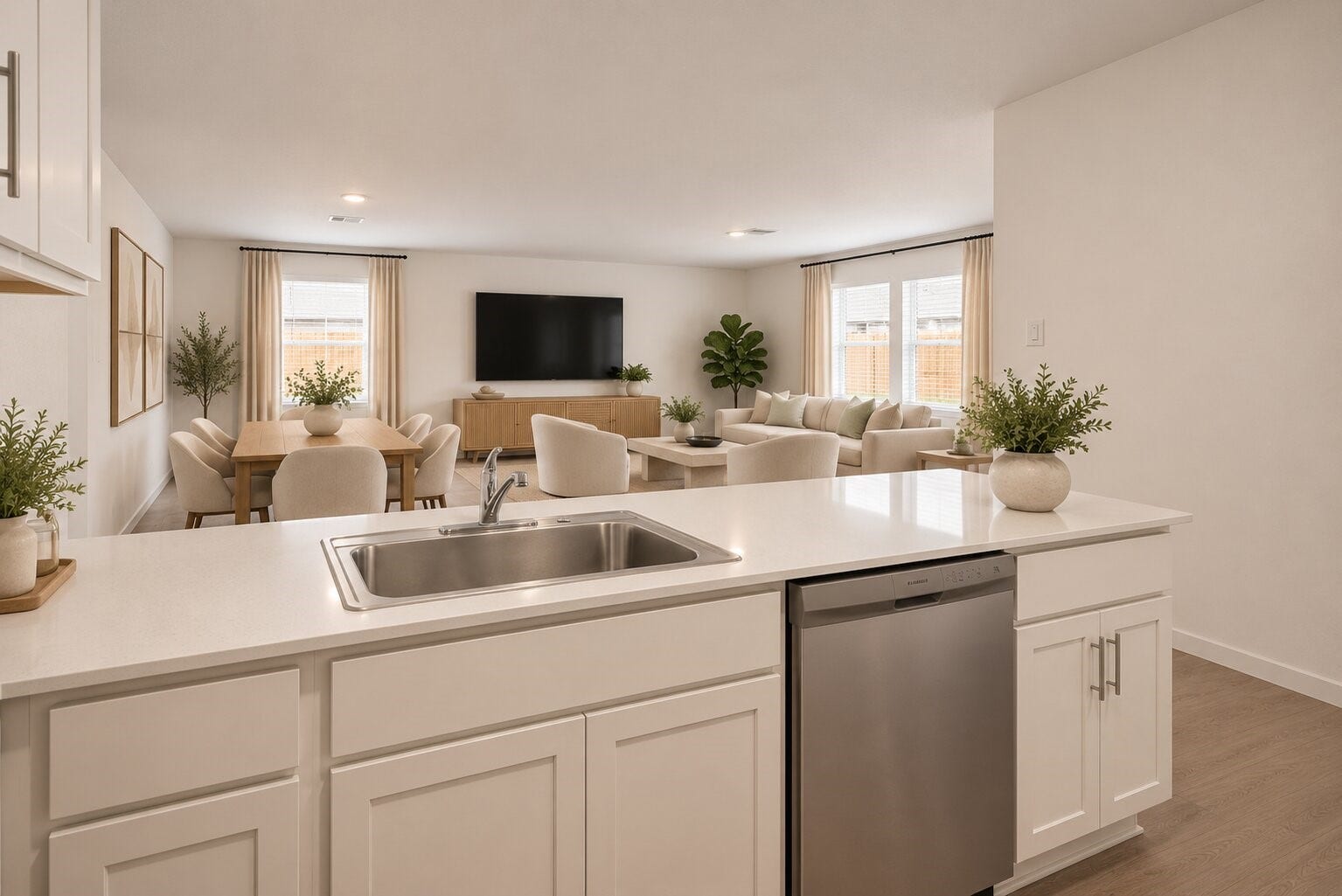 1718 Primrose Pointe Drive, Crosby, TX 77532 **Virtually Staged** From meal prep to movie night, this open sightline shows just how naturally the home brings its main gathering spaces together.