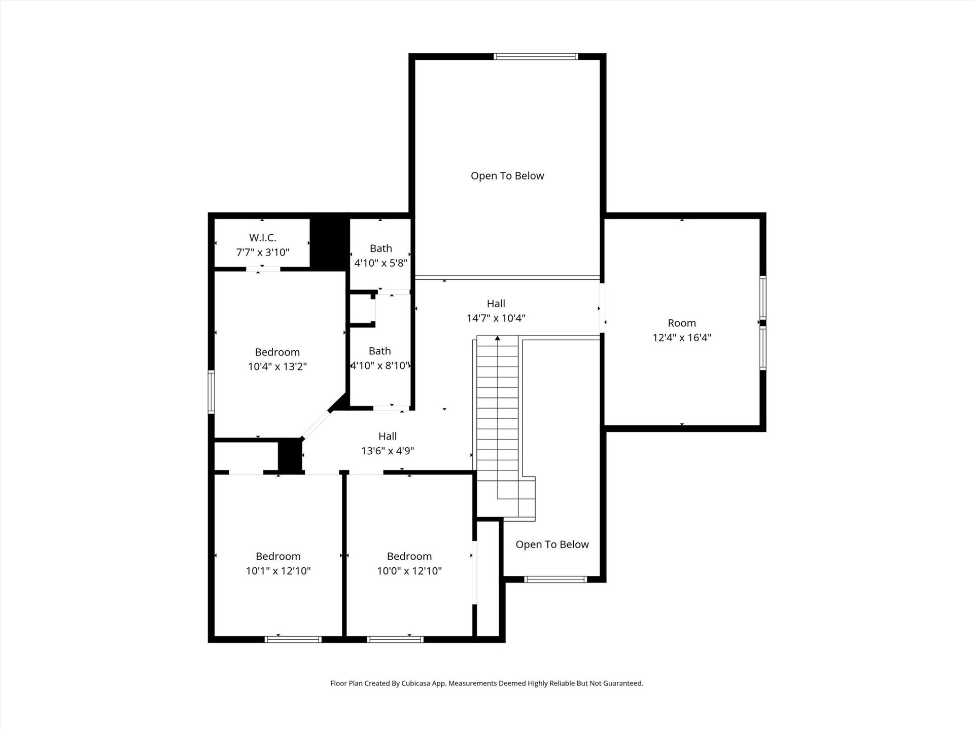 This is a floor plan featuring three bedrooms, two bathrooms, a walk-in closet, and a spacious room. The layout includes two open-to-below areas, providing a sense of openness. The design is practical, with a central hallway connecting all rooms.