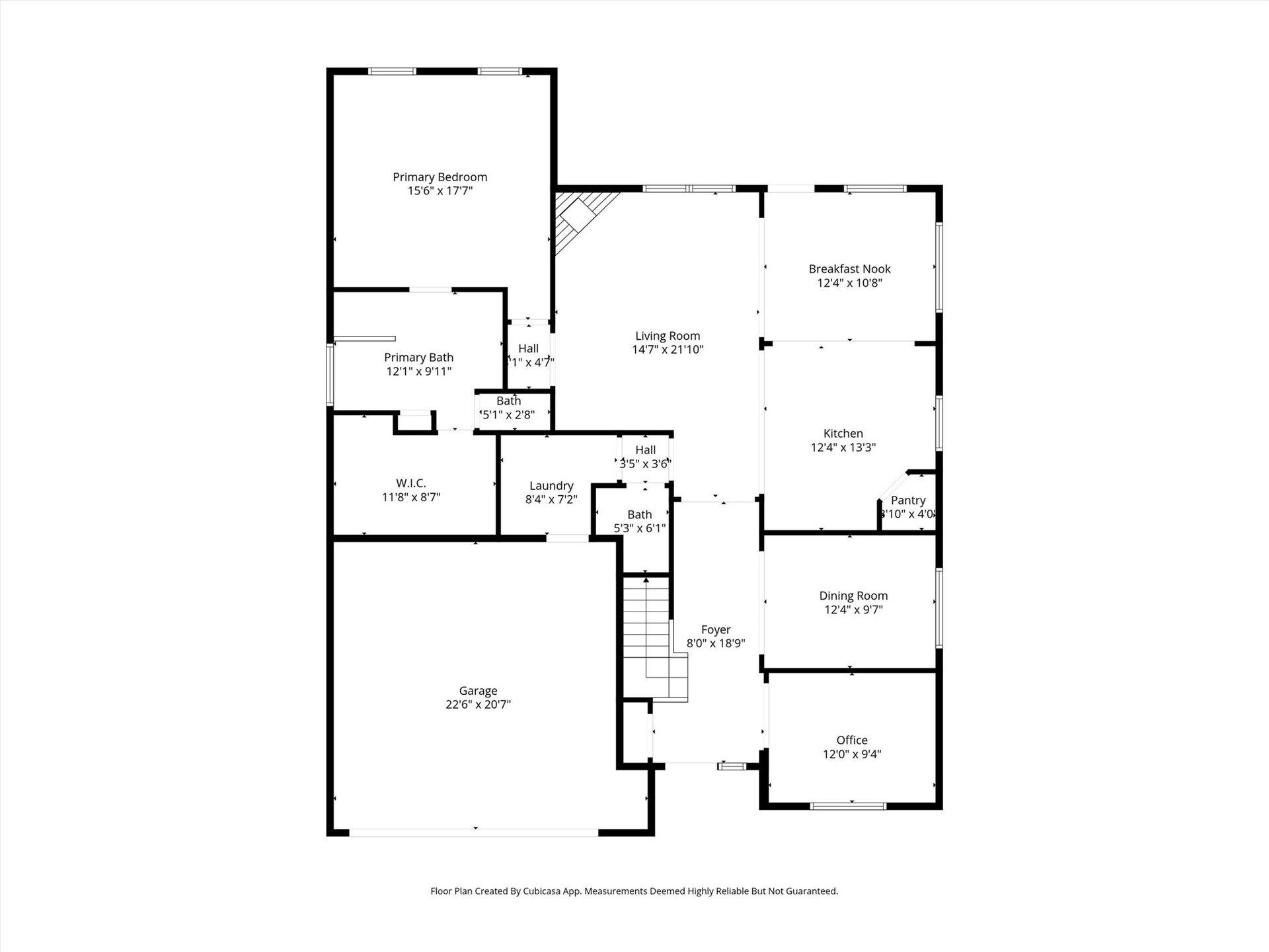This floor plan features a spacious layout with a primary bedroom, bath, and walk-in closet. The living room connects to a breakfast nook and kitchen with an adjacent pantry. There's also a dining room, office, and convenient laundry room. A large garage is included, accessible from the foyer.
