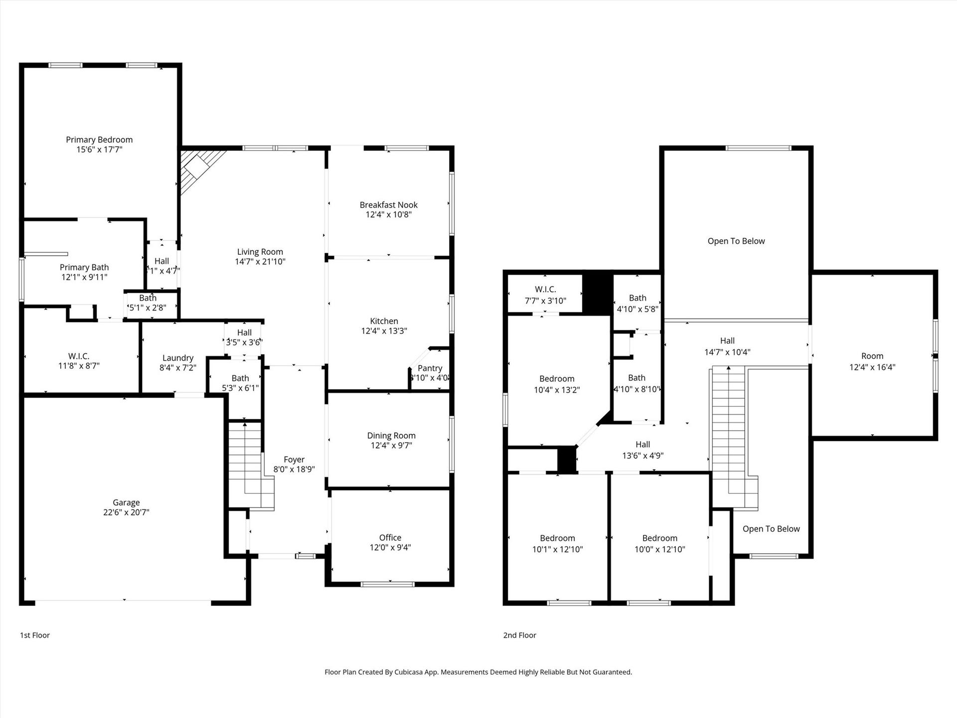 This floor plan features a spacious two-story home with a primary bedroom and bath on the first floor, alongside an open living room, kitchen with breakfast nook, dining room, office, and laundry. The second floor includes three additional bedrooms, two bathrooms, a large room, and open spaces overlooking the lower level. The garage is attached, providing ample space for vehicles.