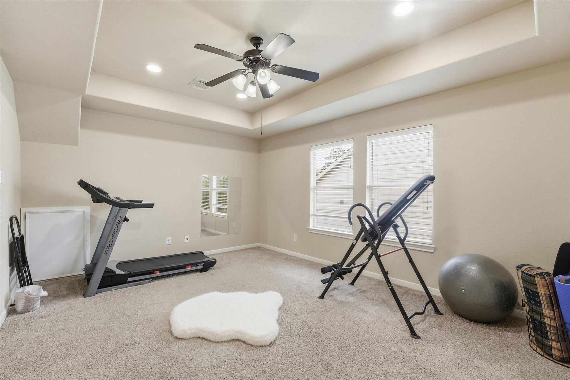 Spacious walk-in closet with ample hanging space, shelving, and room for shoes and accessories. Carpeted floor and neutral walls offer a versatile and organized storage solution.