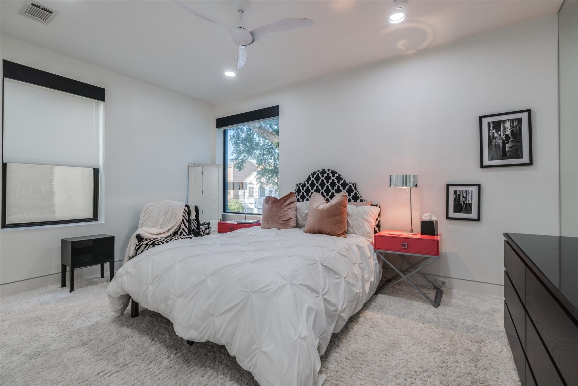 2014 Park Street, Houston, TX 77019 Bedroom 3 to the front of the home - designer carpet, custom designer window coverings, large walk in closet, recessed LED lighting, fan
