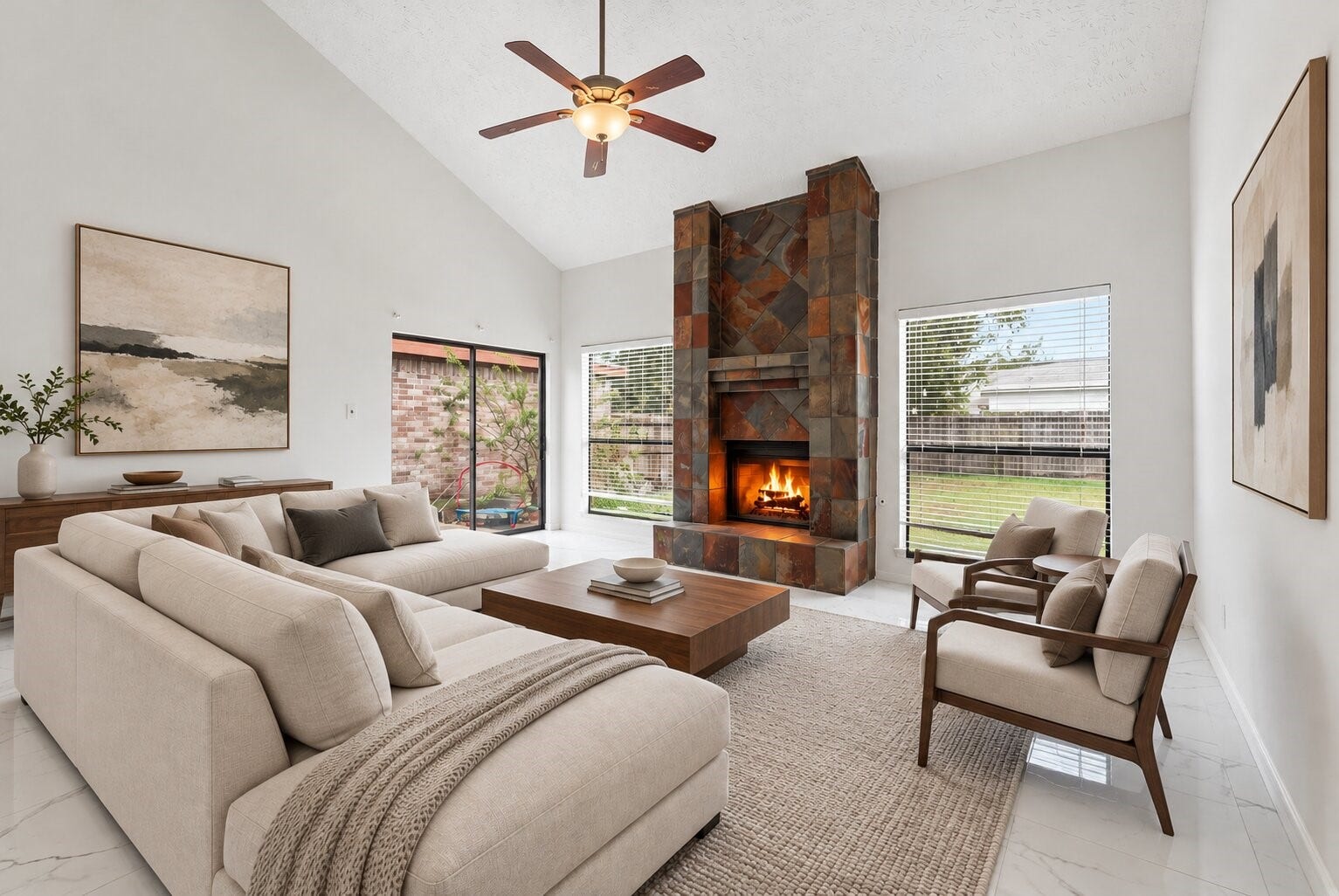 12719 Hollandale Drive, Houston, TX 77082 Virtually Staged Living Room. Living room draws attention to the floor-to-ceiling stone fireplace, vaulted ceiling, and large windows overlooking the backyard.