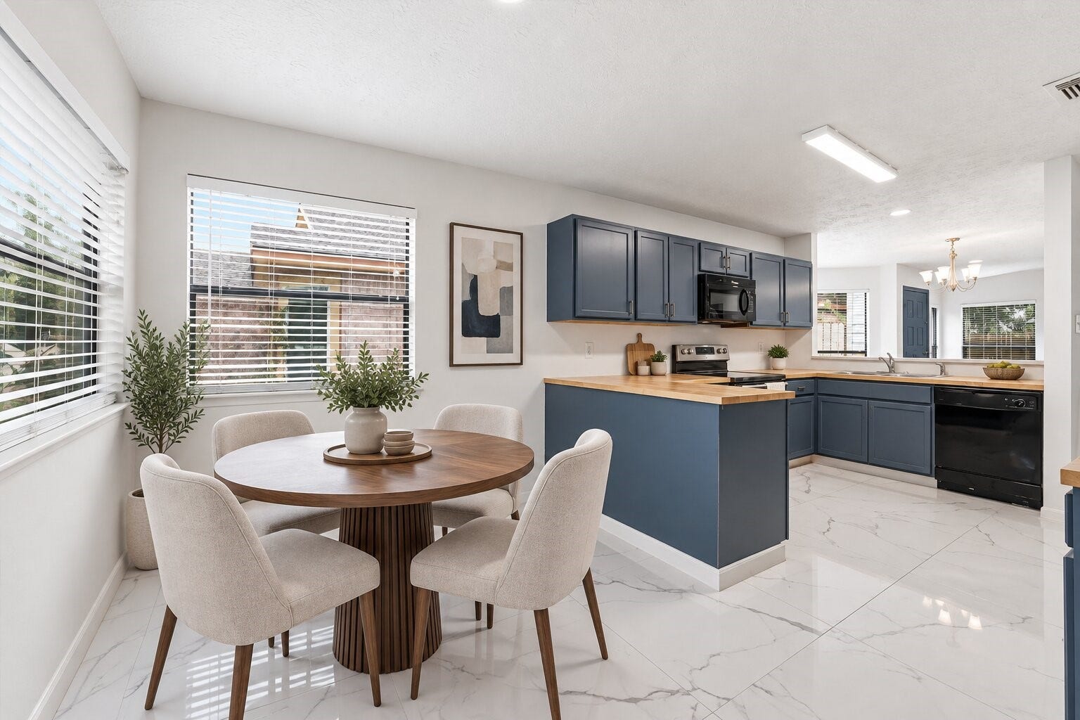 12719 Hollandale Drive, Houston, TX 77082 Virtual Staging Breakfast Nook. Breakfast area sits beside the kitchen, where two windows bring in natural light for everyday meals.