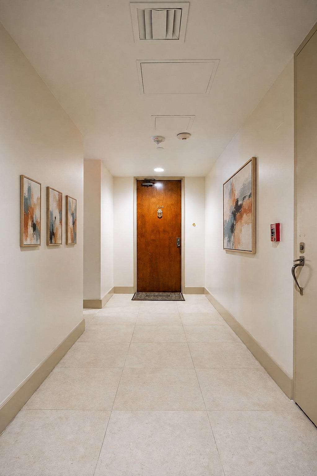 A rare advantage of being on a ground floor high-rise with your own private personal hallway/foyer, and a dedicated 24 hours concierge service. Exterior artwork photos added as digital enchancement