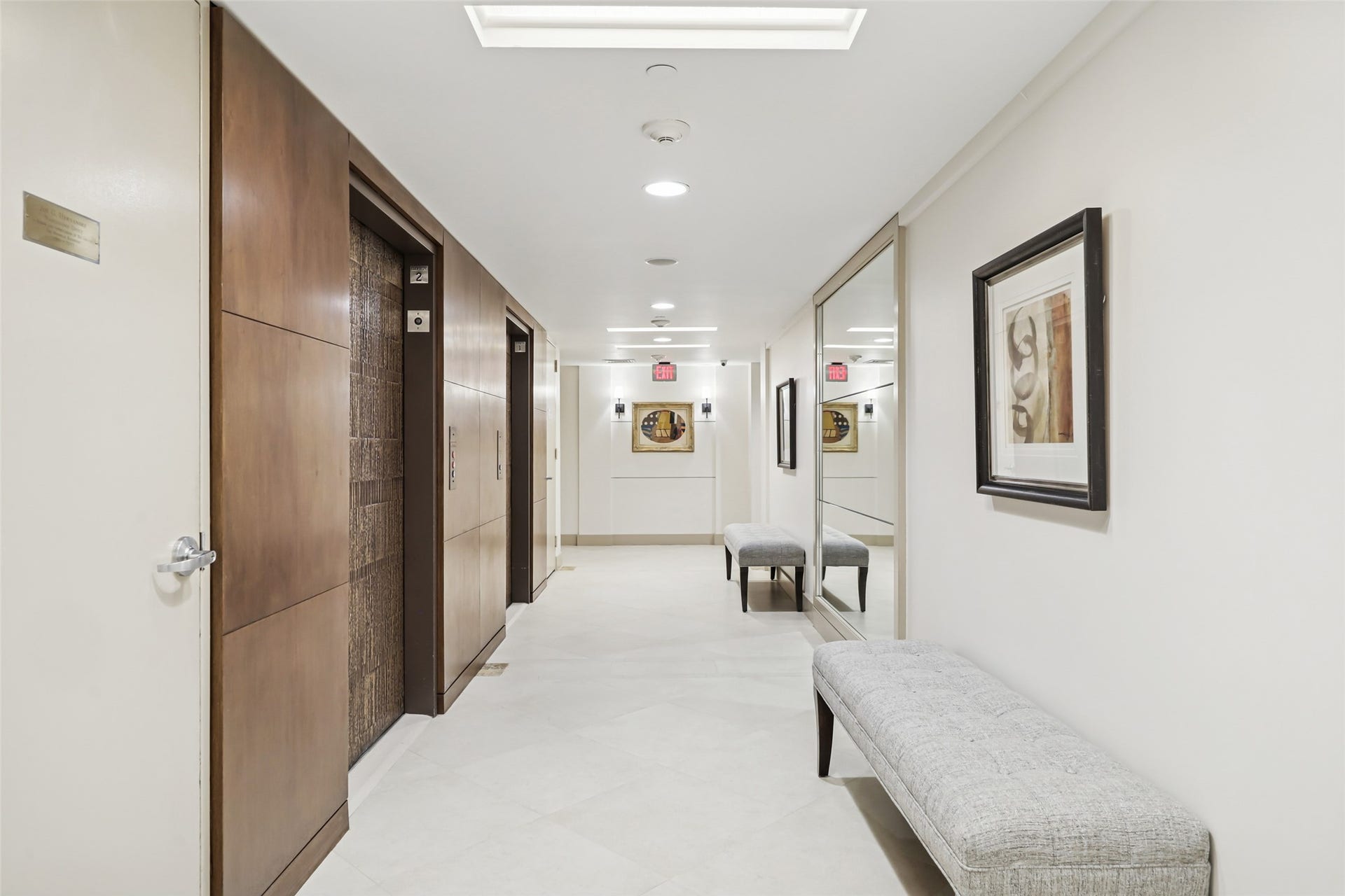 The graceful primary lobby leads directly to the newly and beautifully enhanced residents and guests elevators.