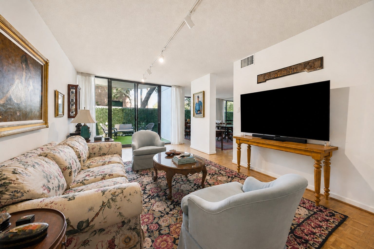 Another angle of the living room overlooking the large back terrace