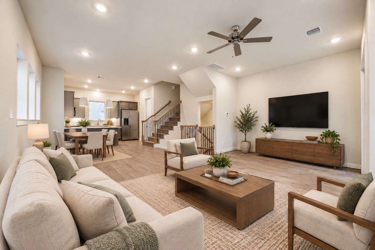 Digitally staged open-concept living, dining, and kitchen area showcasing the homes spacious layout.
