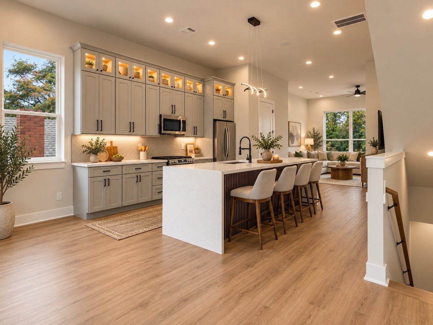 The waterfall island creates a stunning focal point, offering generous counter space and a stylish gathering place for casual meals, conversation, and entertaining. Virtually staged to show the space's amazing potential.