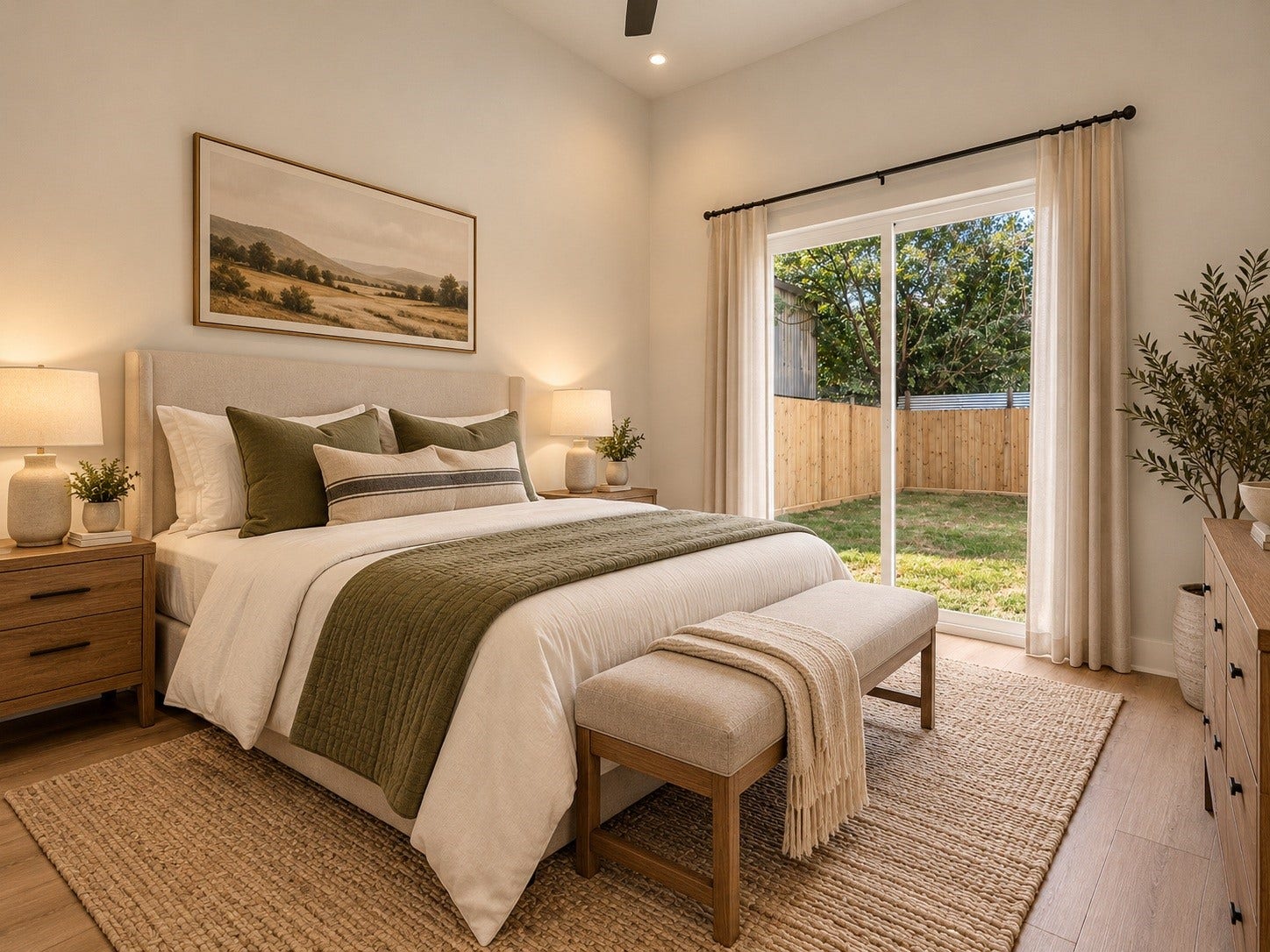 One of three bedrooms, this inviting space, located on the first floor, offers flexibility for guests or personal use, with the added convenience of its own private full bathroom. Virtually staged.
