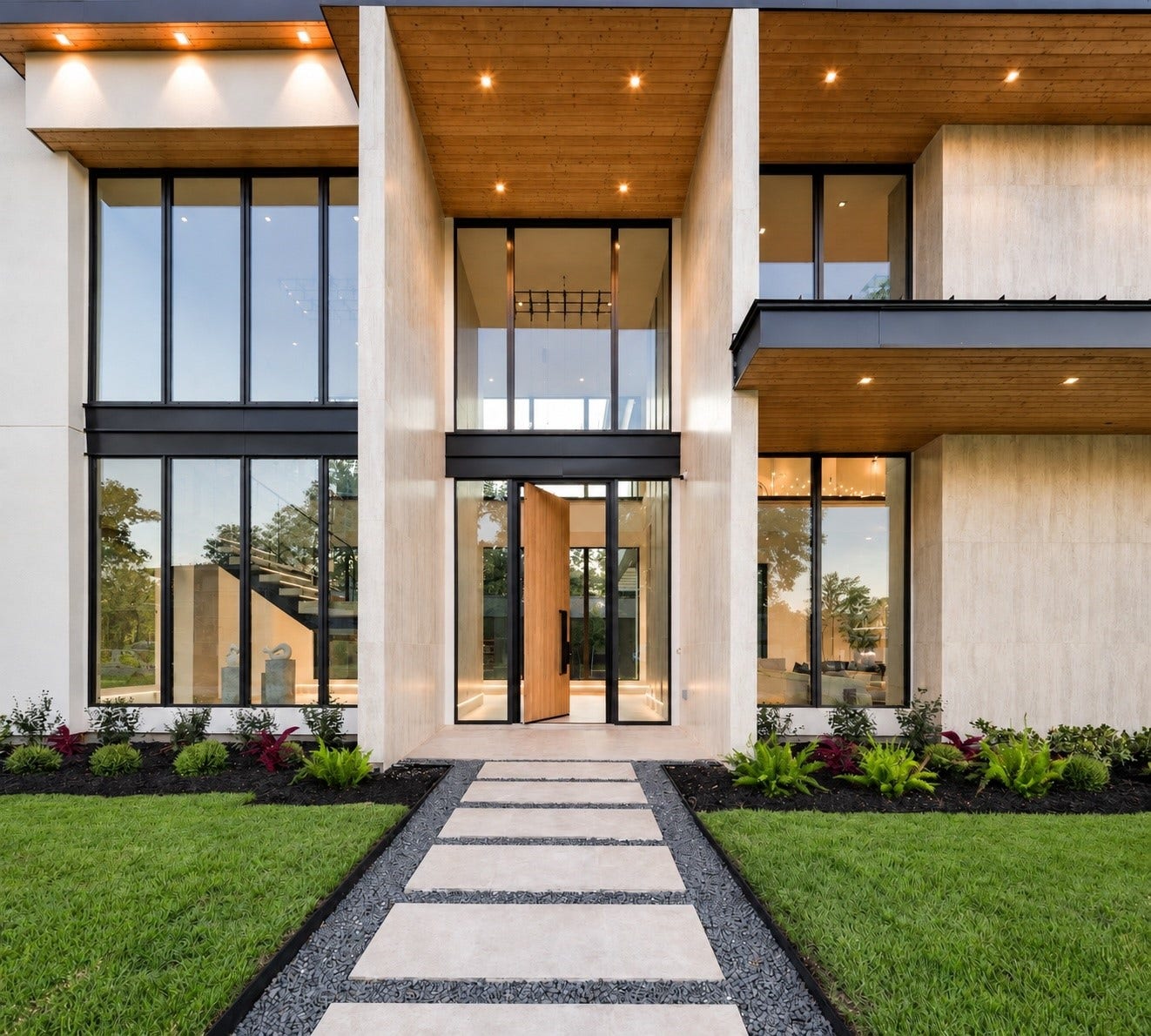 Grand scale meets refined modern design in this dramatic entry, framed by soaring glass, warm wood ceilings and dramatic architecural lines.
