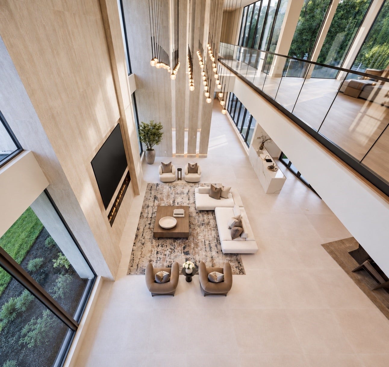 Wow! what a view. From the second floor landing, the home unfolds below like a beautiful composed work of art. It is a picture-perfect vantage point tht captures the scale, architecture and extraordinary openness of the home all at once.