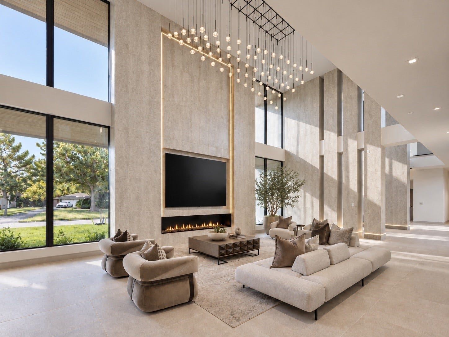 Warm natural finishes, sleek Linear fireplace and elegant neutral furnishings bring refined luxury to this spectacular modern space.
