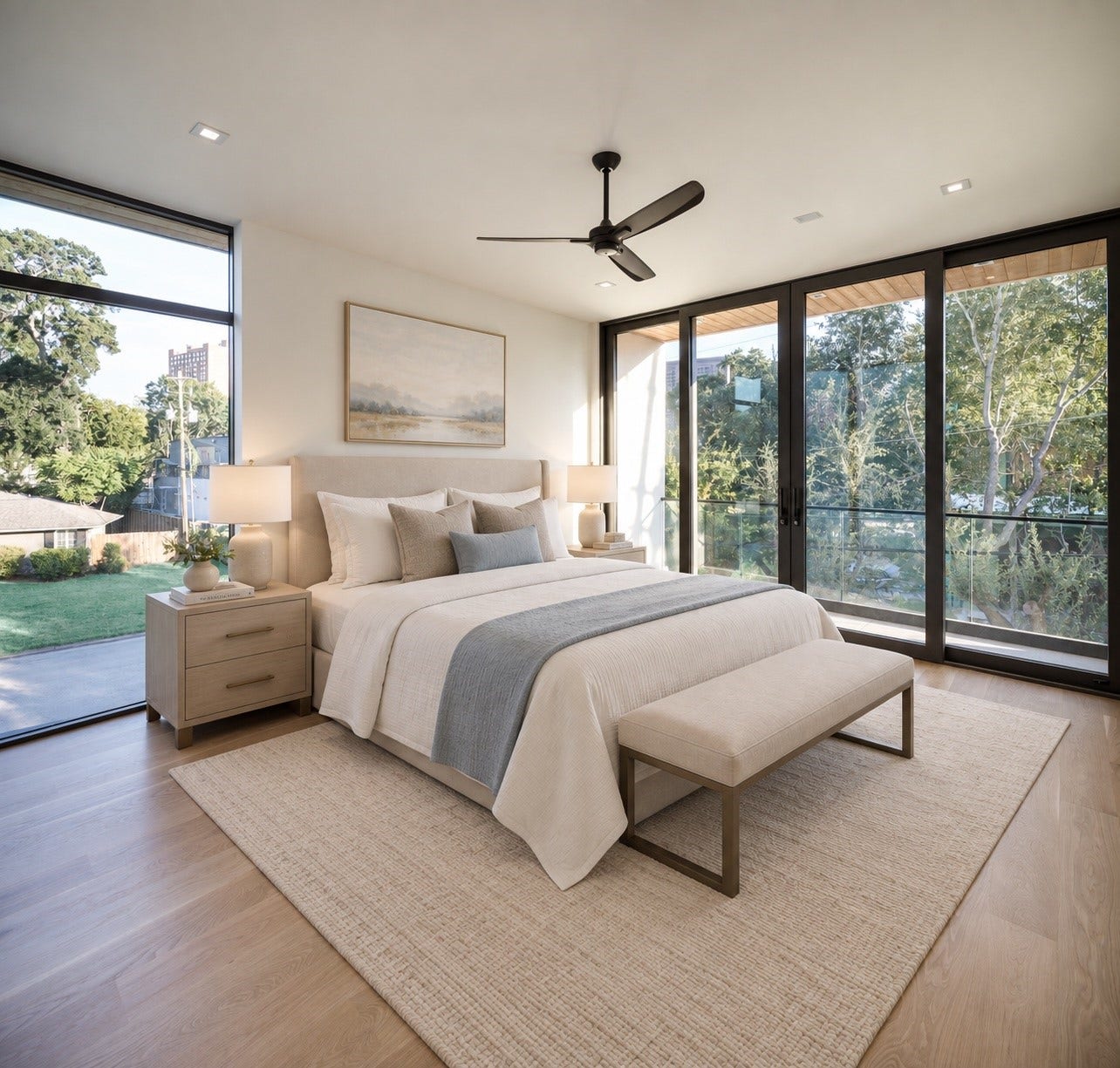 Secondary En-suite guest bedroom that feels anything but secondary. Wrapped in walls of glass, serene treetop views and its own balcony with South/East views. Beautifully appointed pairs with understated. luxury with an abundance of natural light creating a private haven , guest may never want to leave.  Photo is digitally staged.